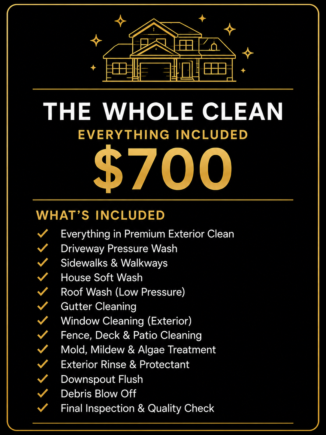 Promotional flyer for a house cleaning service and text detailing the services included in a $700 package, such as exterior and driveway  pressure washing, gutter cleaning, window cleaning, Etc. In Houston, Sugarland, Missouri City, Pearland, etc.