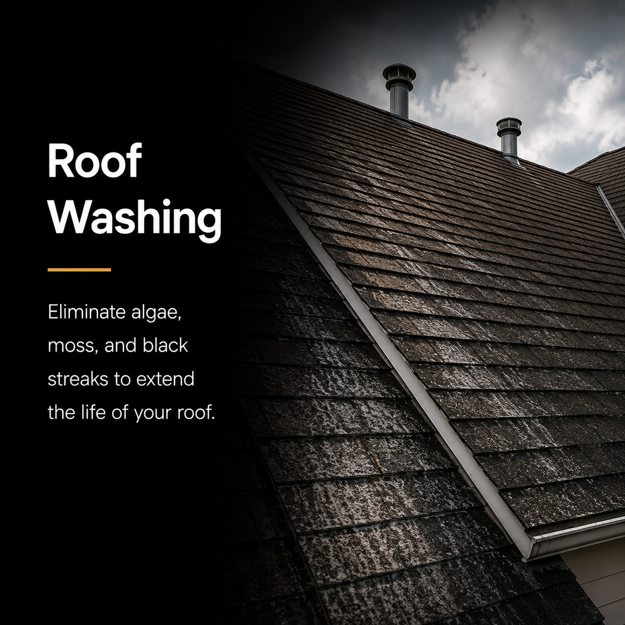 A dark-shingled roof with two vents and a cloudy sky in the background, along with overlay text about roof washing to remove algae, moss, and black streaks.