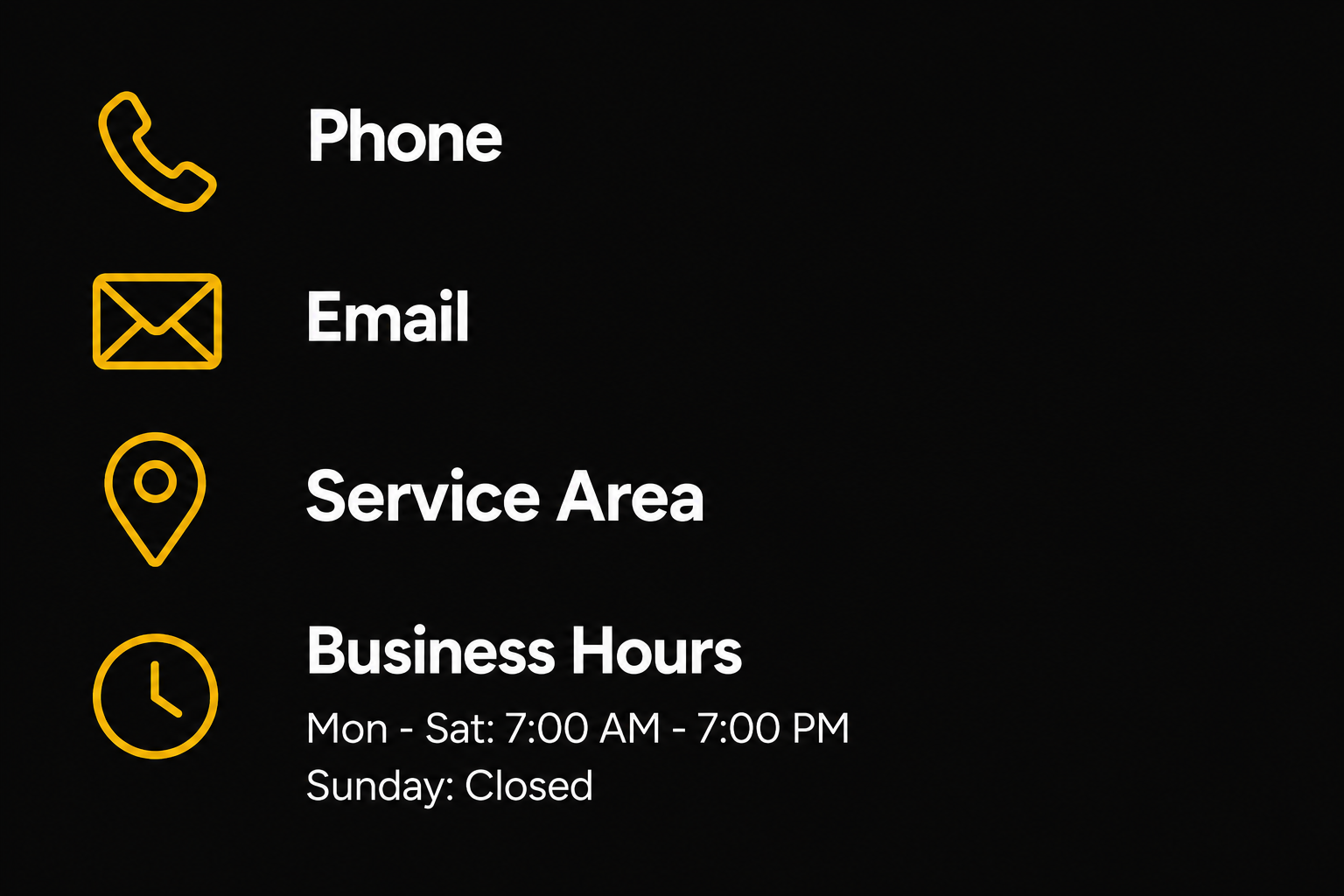 Contact information menu with icons for phone, email, service area, and business hours displayed in white and yellow on a black background.