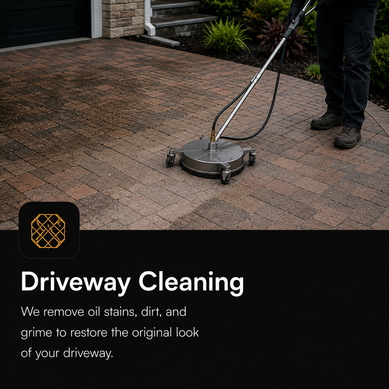 A person operating a driveway cleaning machine on a brick driveway outside a house, with plants and stairs in the background.
