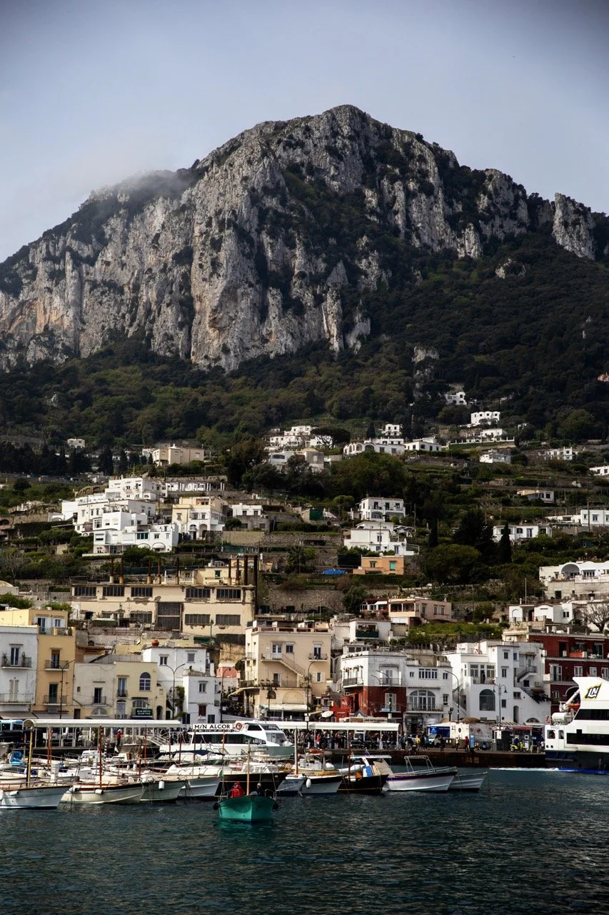 A coastal town at the foot of a mountain with white buildings and boats docked in the harbor.