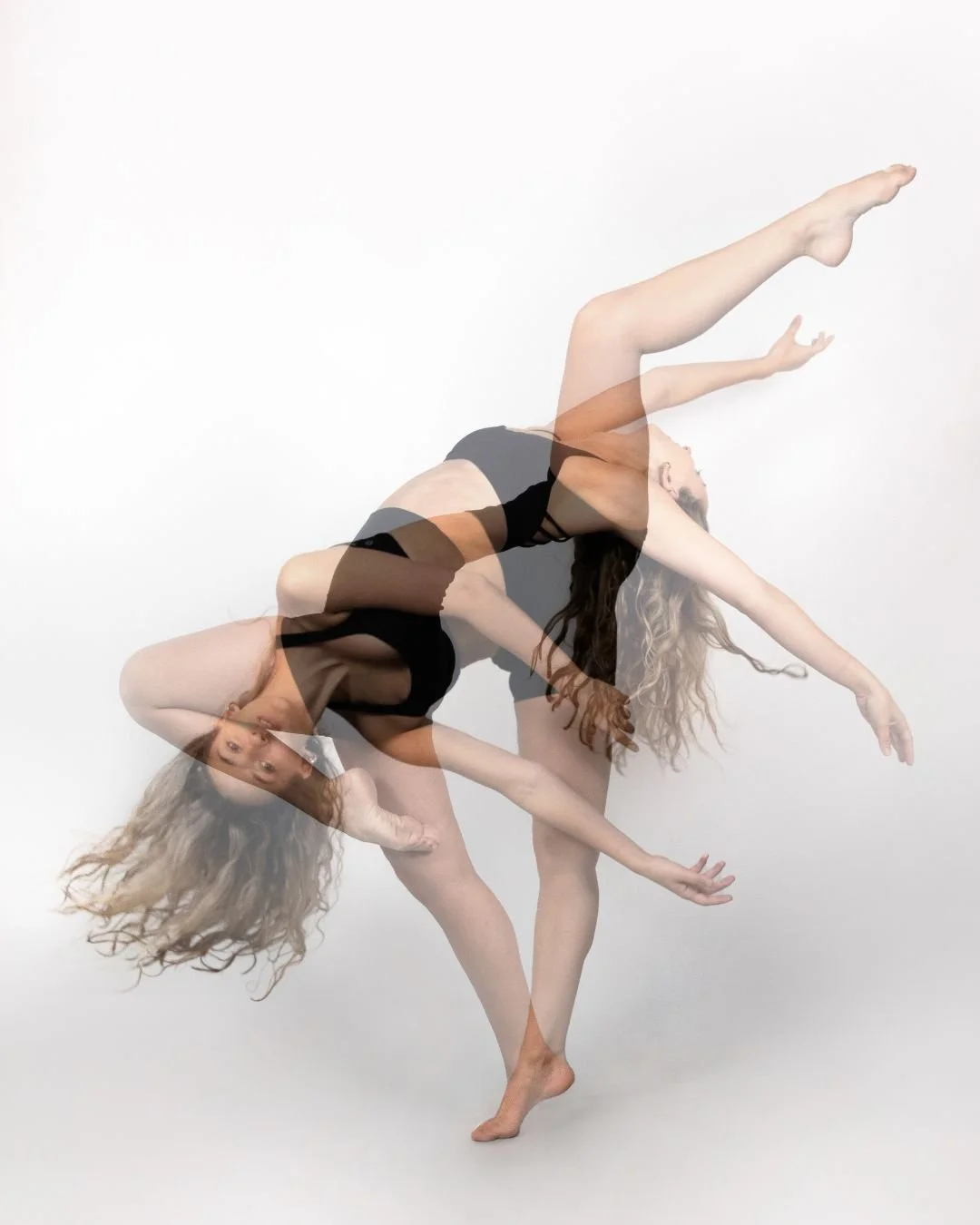 Multiple overlapping images of a woman with long curly hair in black dance attire performing a contemporary dance move against a plain white background.
