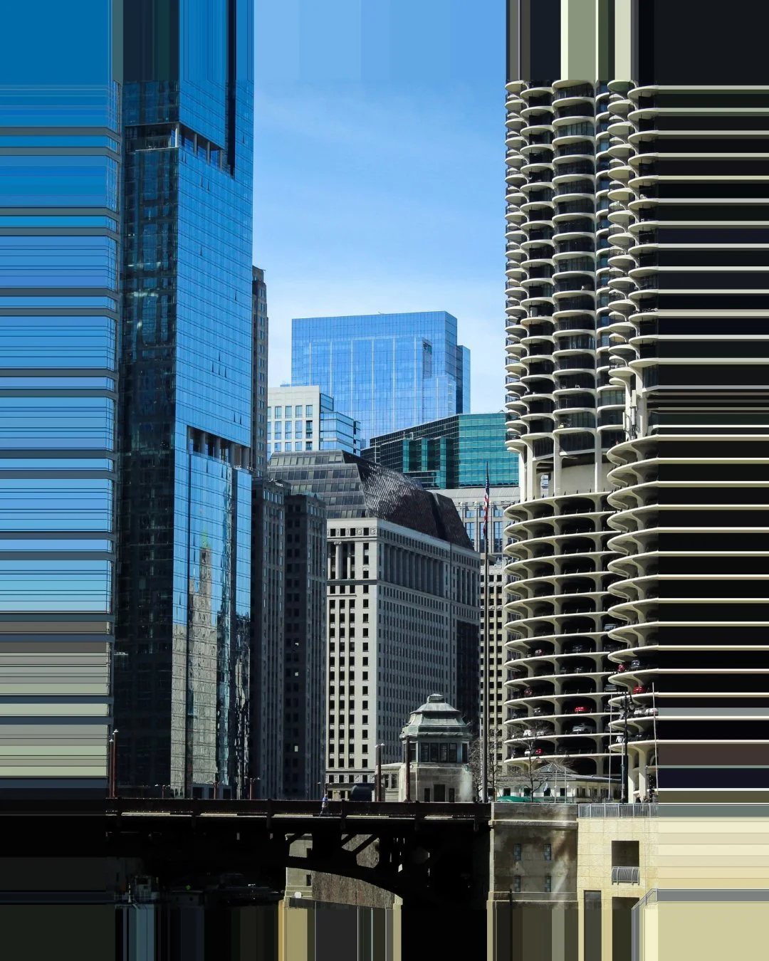 Chicago skyline with modern glass skyscrapers and iconic Marina City buildings.