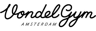 Logo van VondelGym Amsterdam in zwart en wit, met sierlijk lettertype.