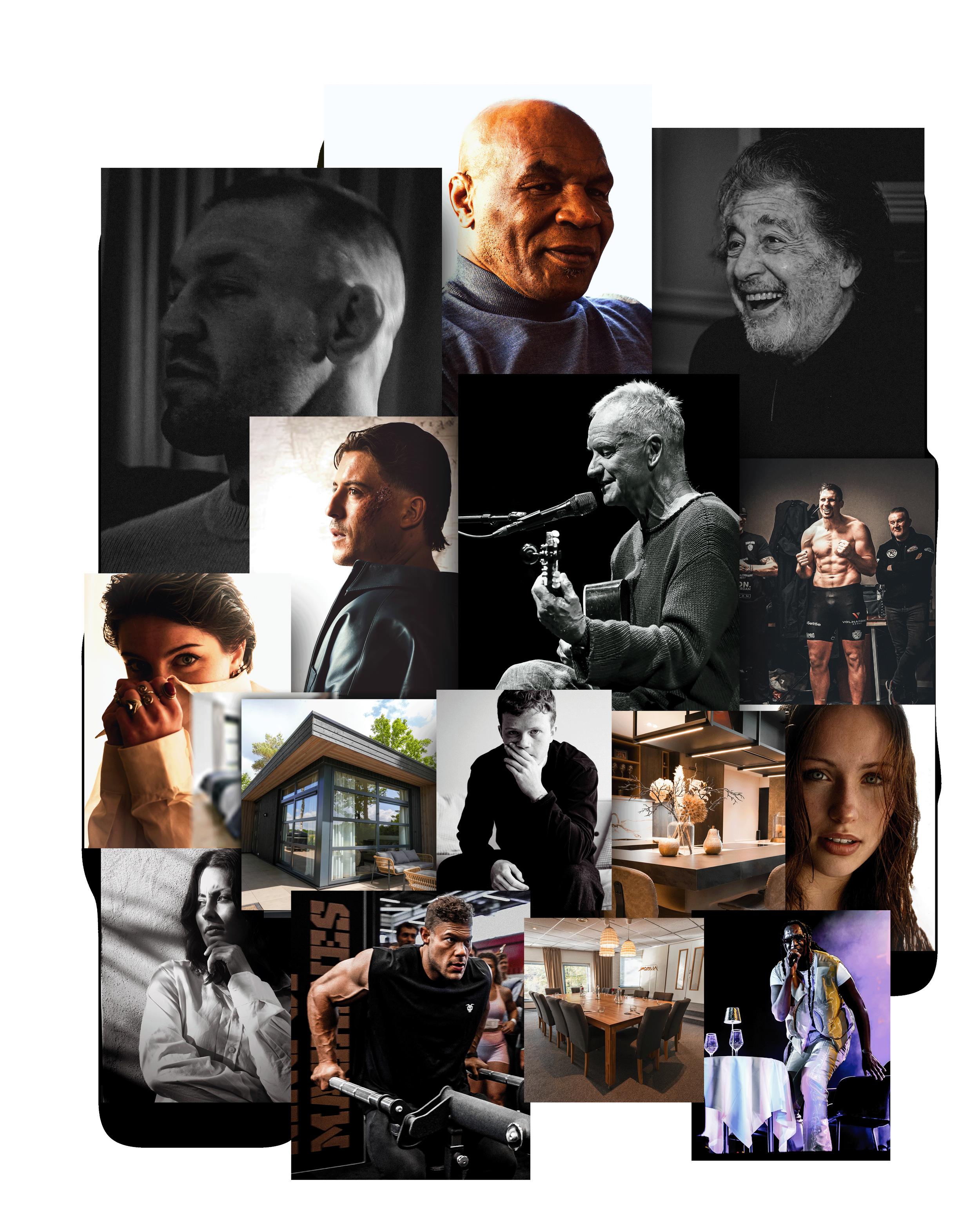 Een collage van verschillende mensen, gebouwen en binnenruimtes, inclusief portretten van mensen, een performer op het podium, een persoon die een gewichten tilt, en een modern huis. Diverse kleuren en zwart-wit foto's worden gecombineerd in de collage.