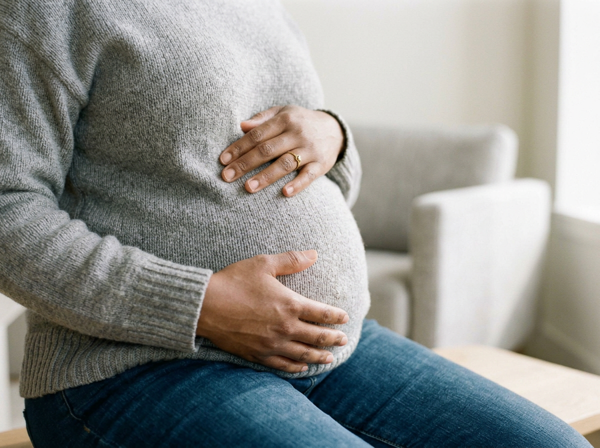 Pregnant woman craddling her bump