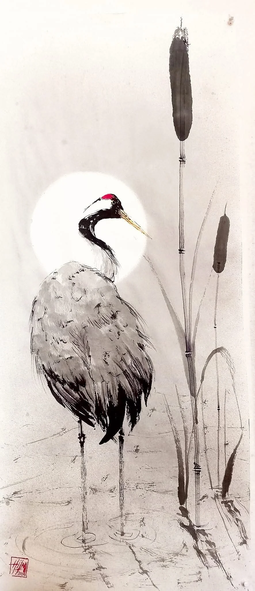 Full Moon and Crane
Sumi-e and watercolor on paper, 2026
40 × 85 cm
From the Cemil İpekçi collaboration project