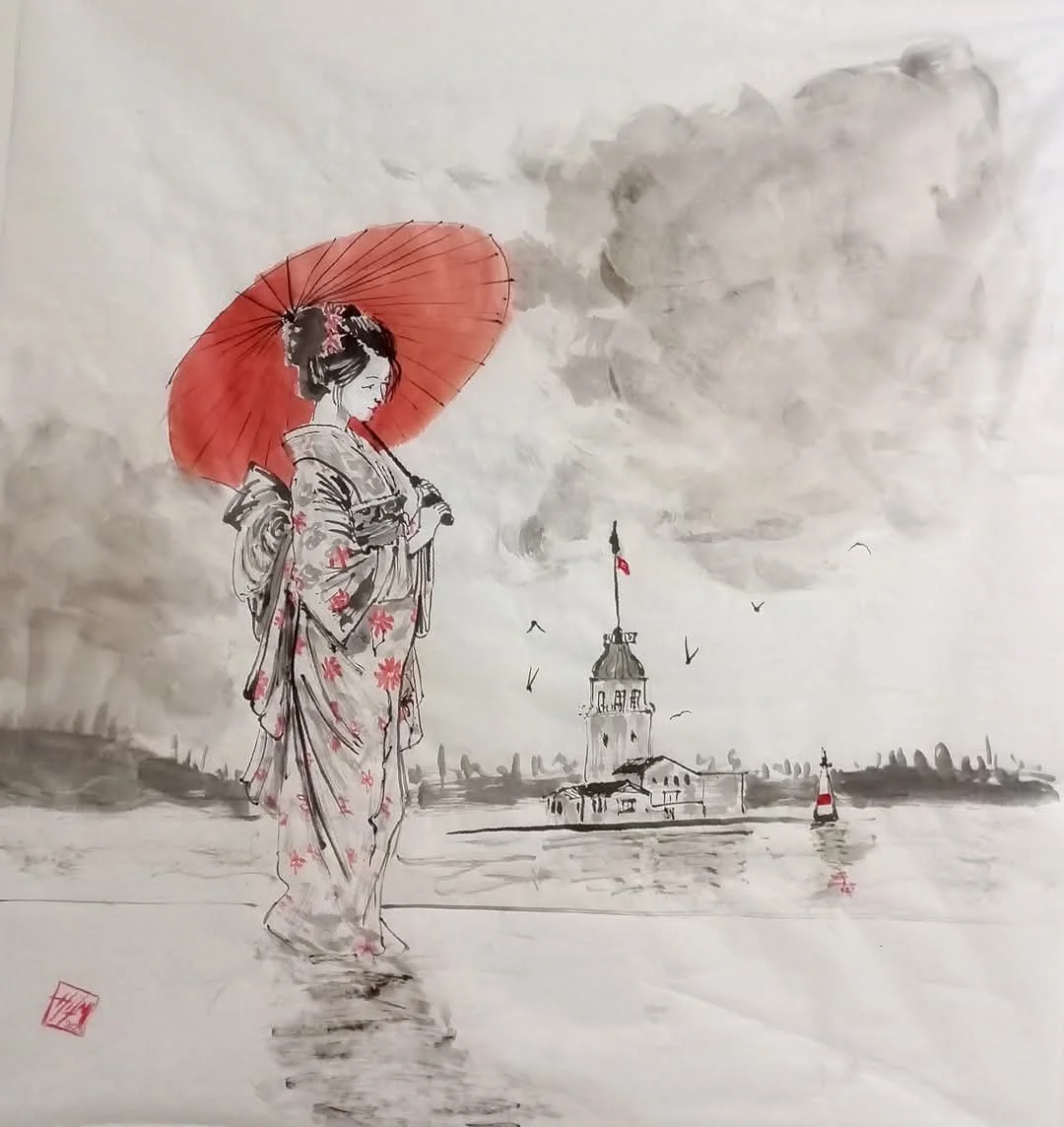A Geisha’s Dream of Istanbul
Sumi-e and watercolor on paper, 2026
74 × 69 cm
From the Cemil İpekçi collaboration project
