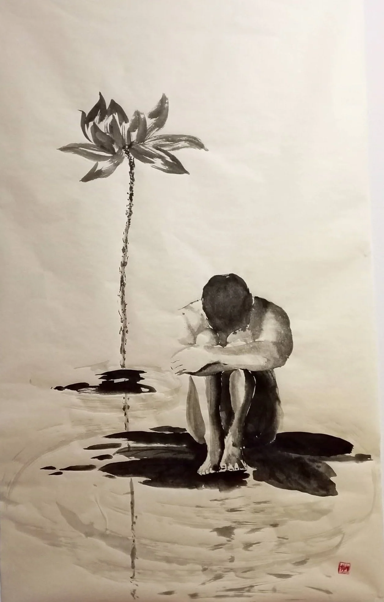 Hilmi Şimşek, The Lotus Folded Inward / Nilüfer İçine Kapandı, Lotus Series, sumi-e and stone ink painting with a seated human figure beneath a tall lotus on Okawara kozo paper, 2026.