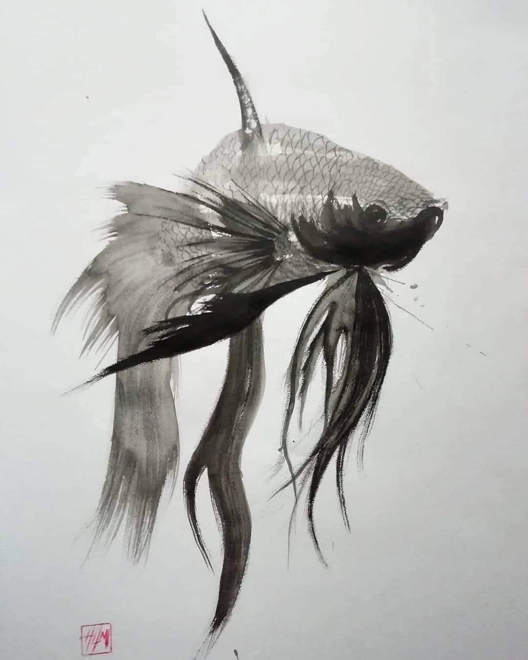 Hilmi Şimşek, Betta Fish, sumi-e painting with a dynamic black ink betta fish form, flowing fins and minimal brush movement on paper, 2019.