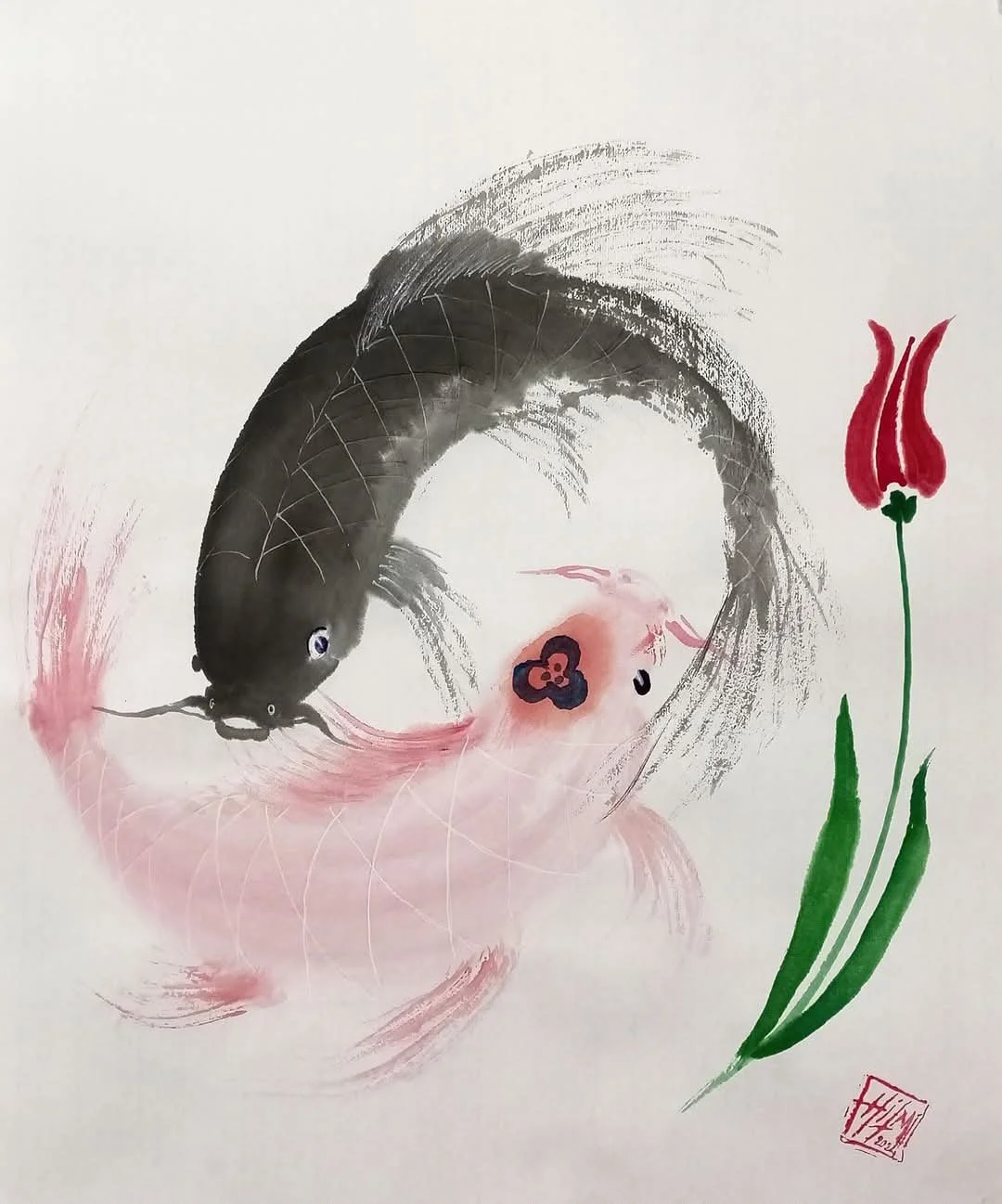 Koi and Tulip Ensō – Love
Sumi-e and watercolor on paper, 2026
40 × 48 cm
From the Cemil İpekçi collaboration project