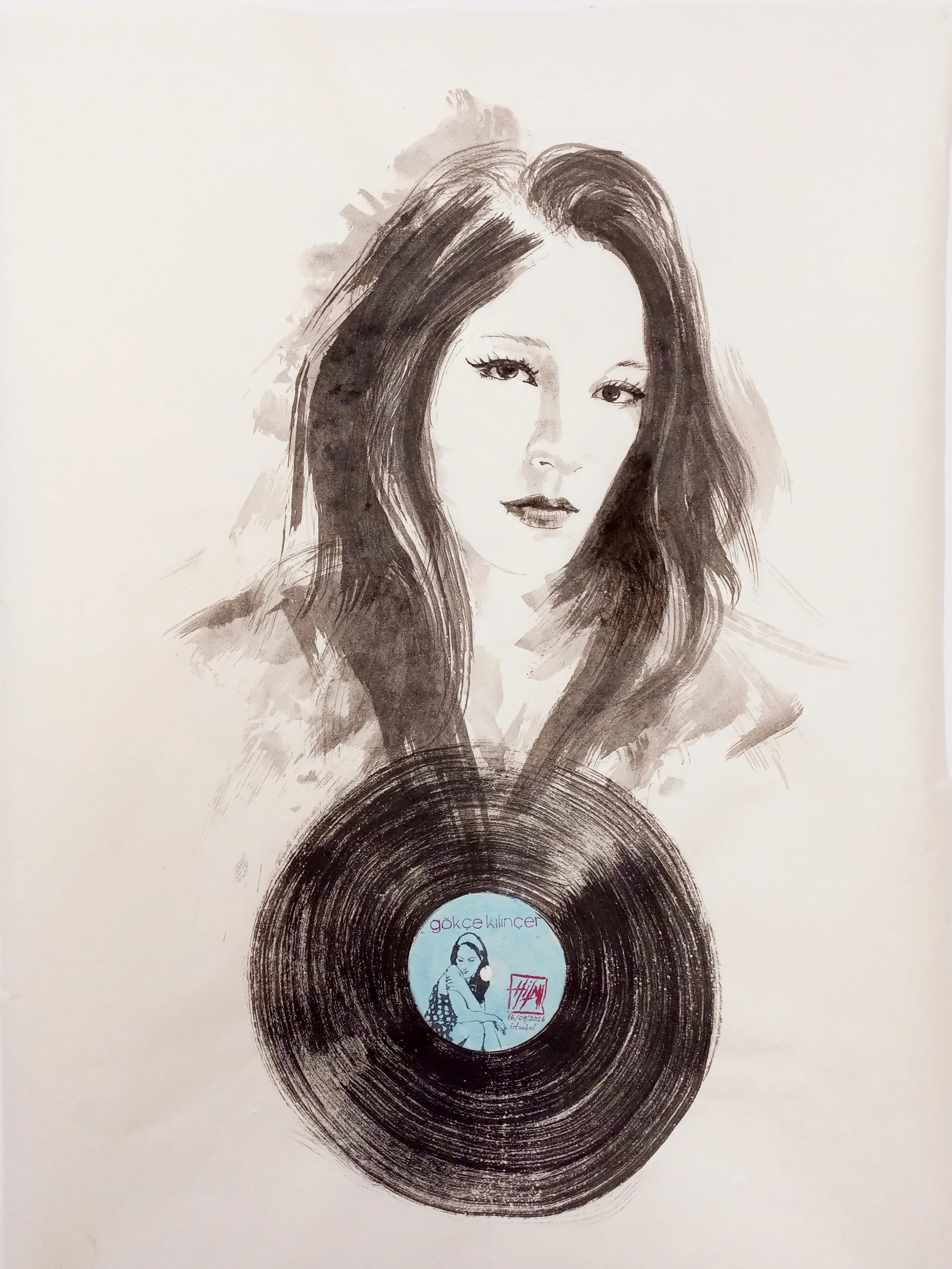 Gökçe Kılınçer, a 2026 sumi-e portrait by Hilmi Şimşek, combining her portrait with a vinyl record and ensō-inspired circular brushwork.