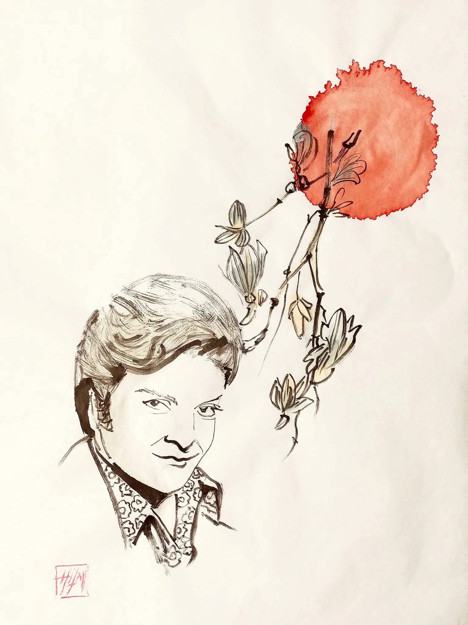 Zeki Müren, a 2024 sumi-e portrait by Hilmi Şimşek, rendered with expressive ink lines, floral elements and restrained red color.
