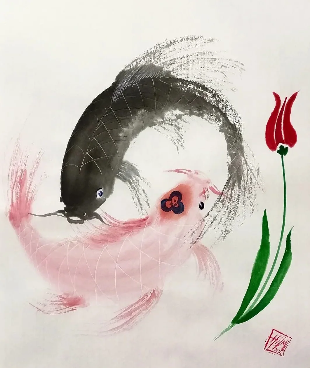 Hilmi Şimşek, Koi and Tulip Ensō – Love, sumi-e and watercolor painting with two koi fish forming an ensō-like circle beside a red tulip on paper, 2025.