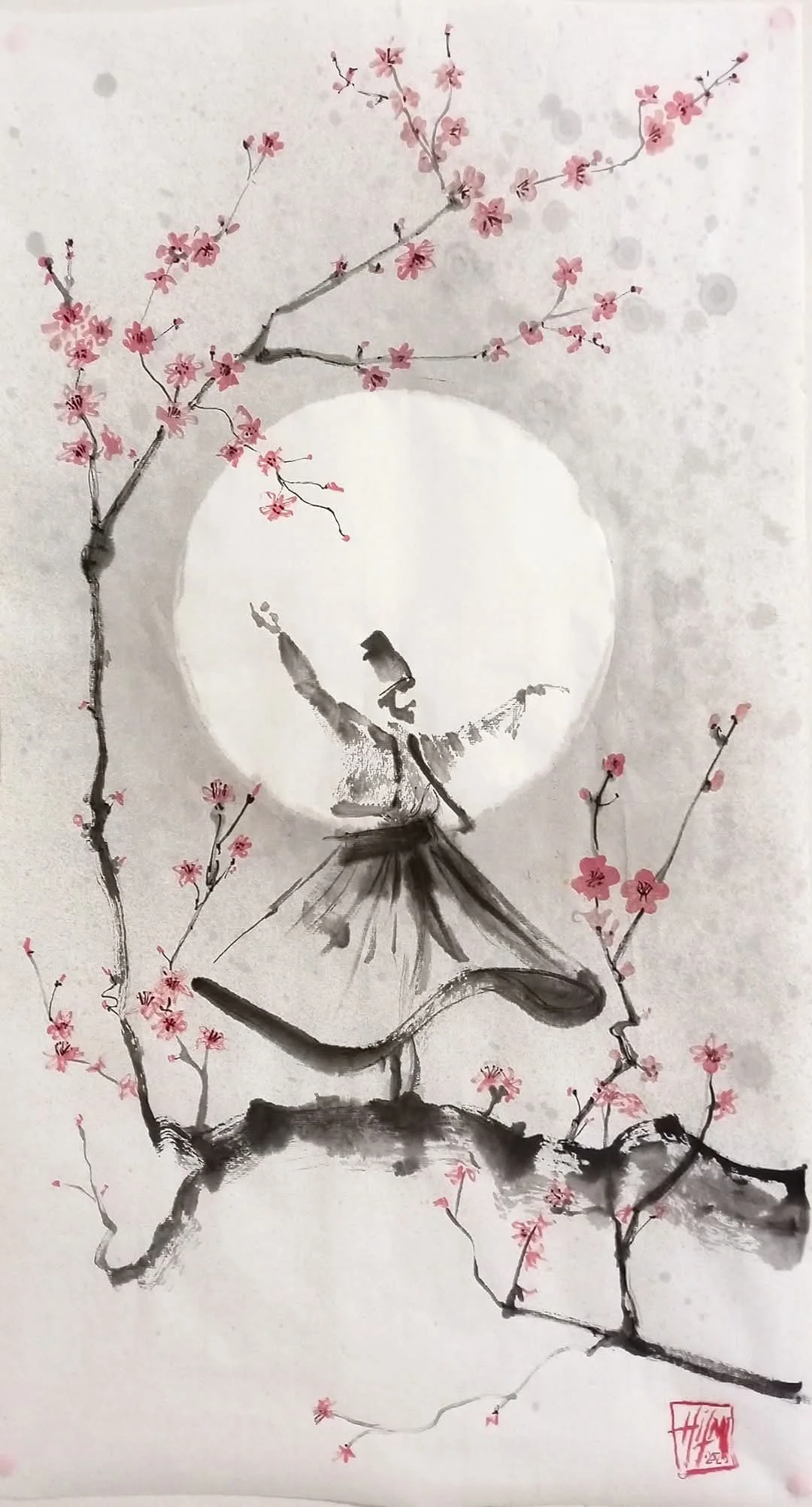 Hilmi Şimşek, Balance, sumi-e and watercolor painting with a whirling dervish figure framed by sakura branches and a pale circular form on paper, 2026.
