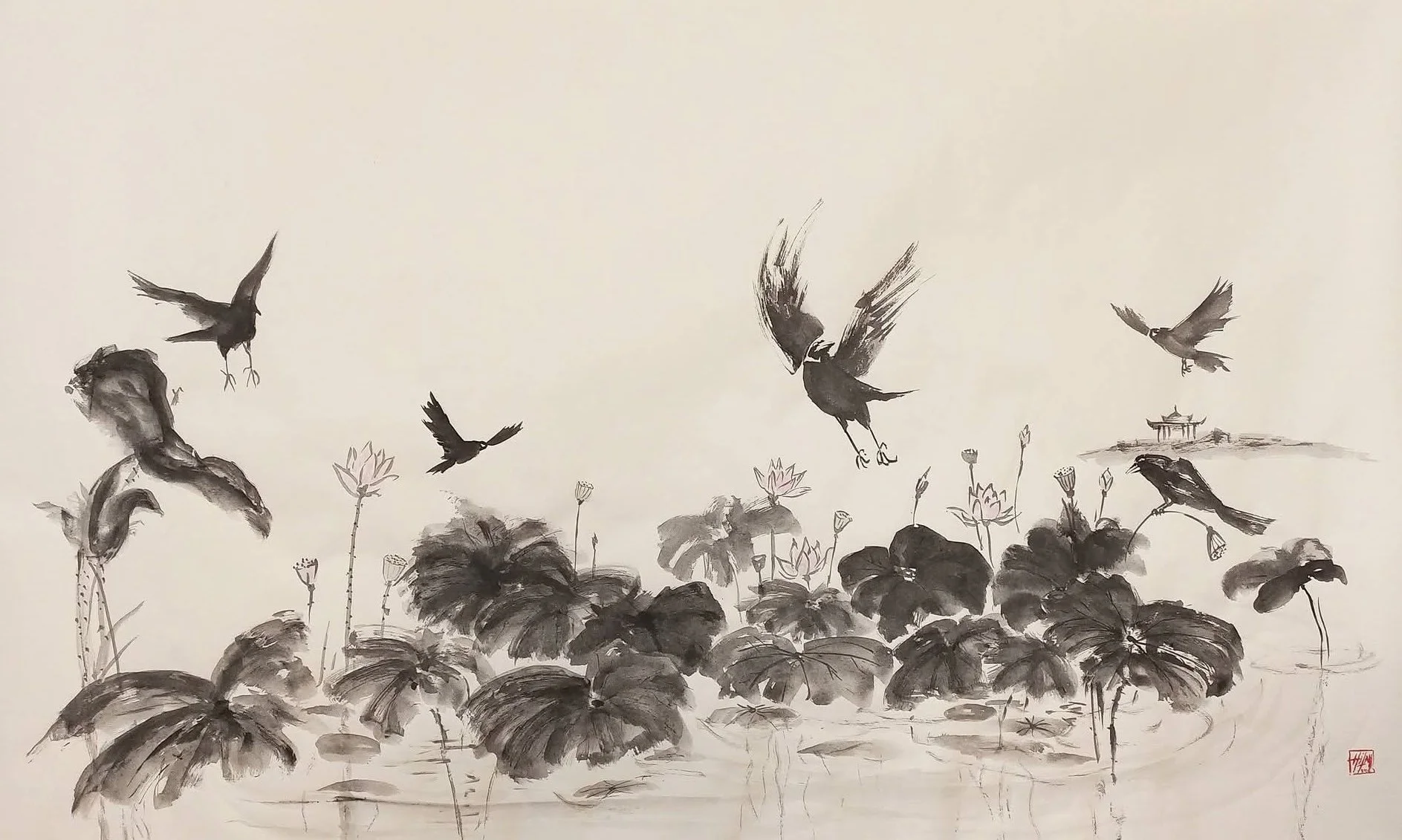 Hilmi Şimşek, Crows and Lotuses / Kargalar ve Nilüferler, Lotus Series, sumi-e and stone ink painting with several crows, lotus leaves and water forms across a wide composition, 2026.