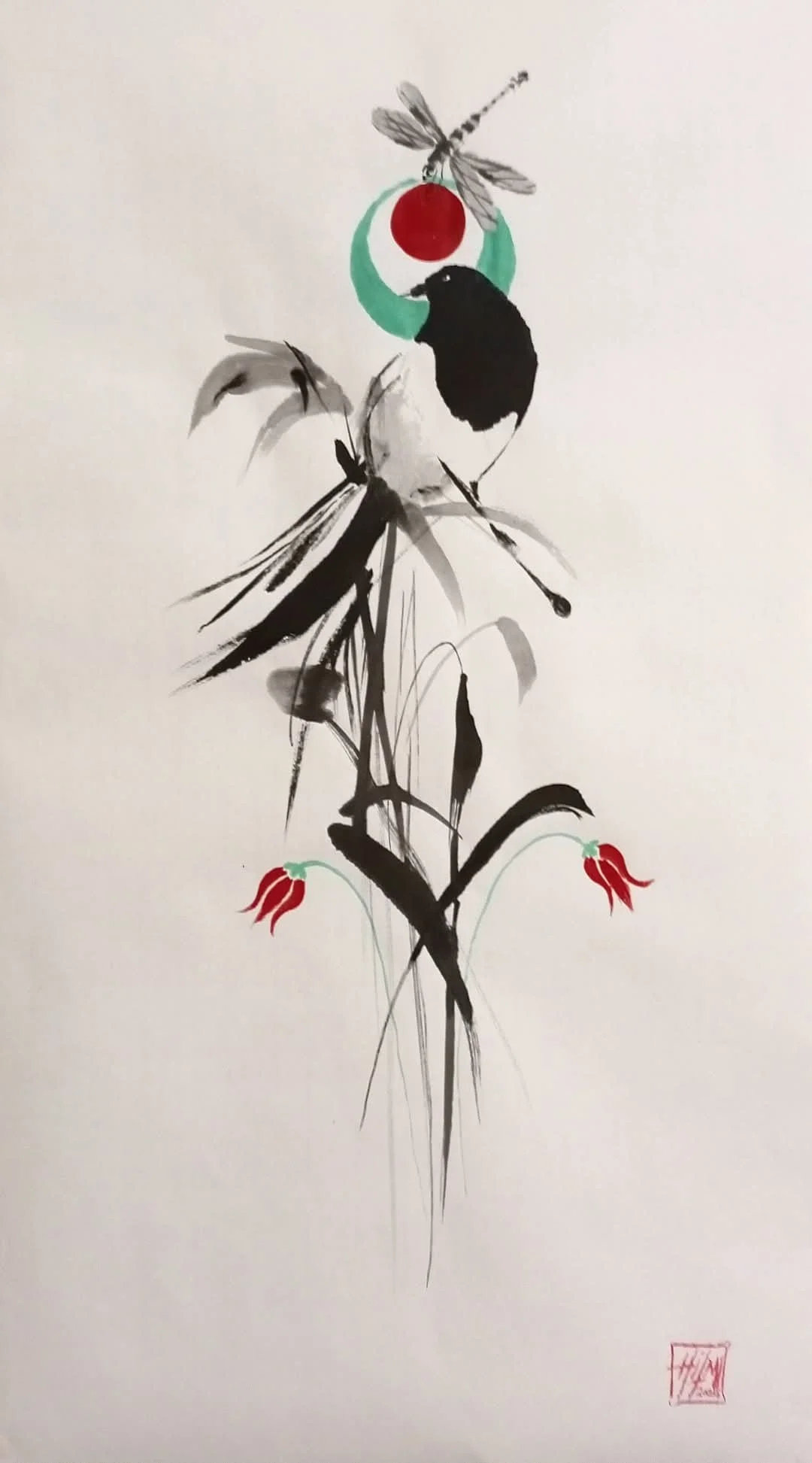 Hilmi Şimşek, Magpie and Dragonfly, sumi-e and watercolor painting with a magpie, dragonfly, red circular form and small tulip-like red flowers on paper, 2024.