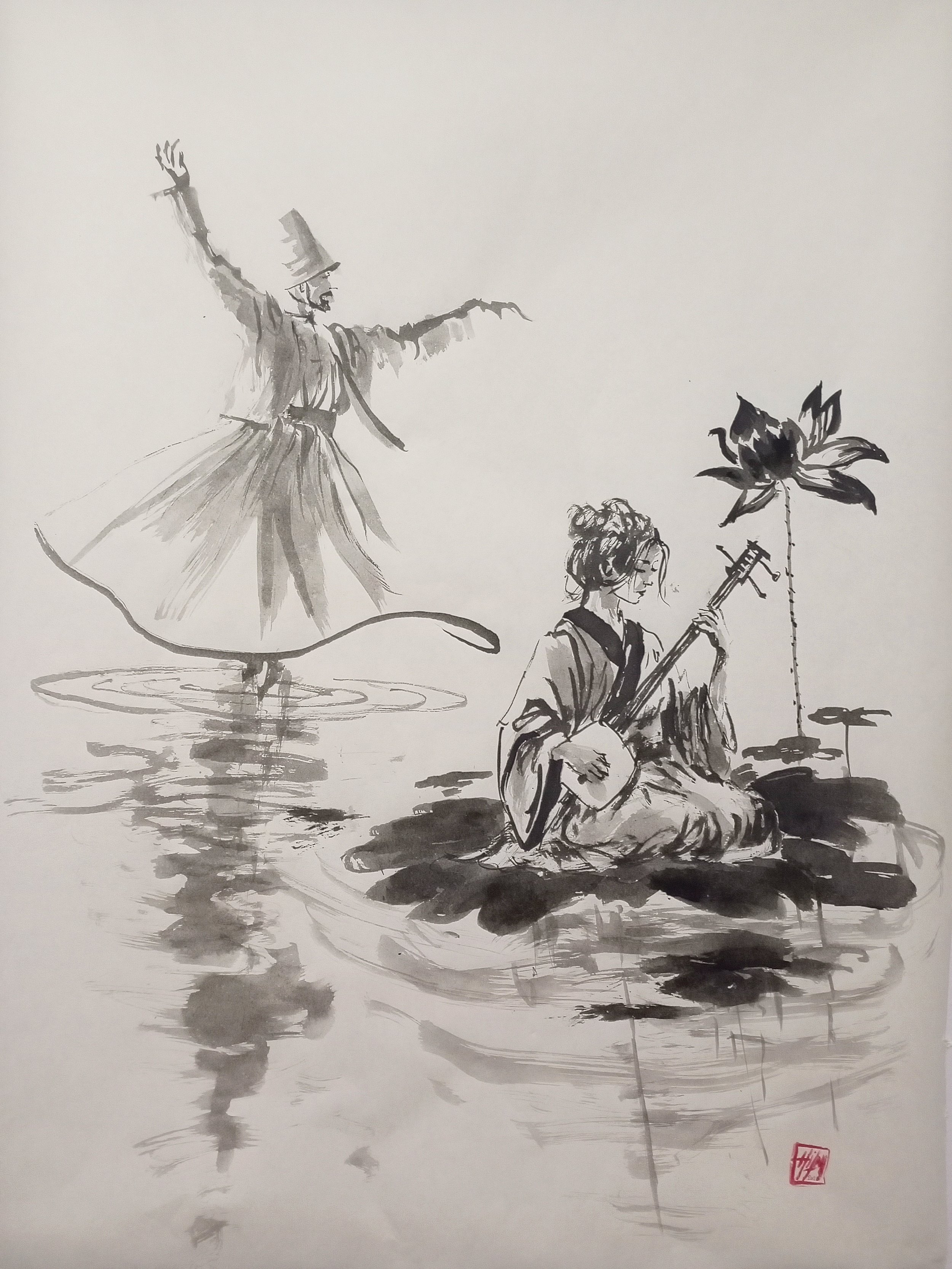 Together, Each in Their Own Way, a 2026 sumi-e work by Hilmi Şimşek showing a musician and a whirling dervish beside a lotus on water.