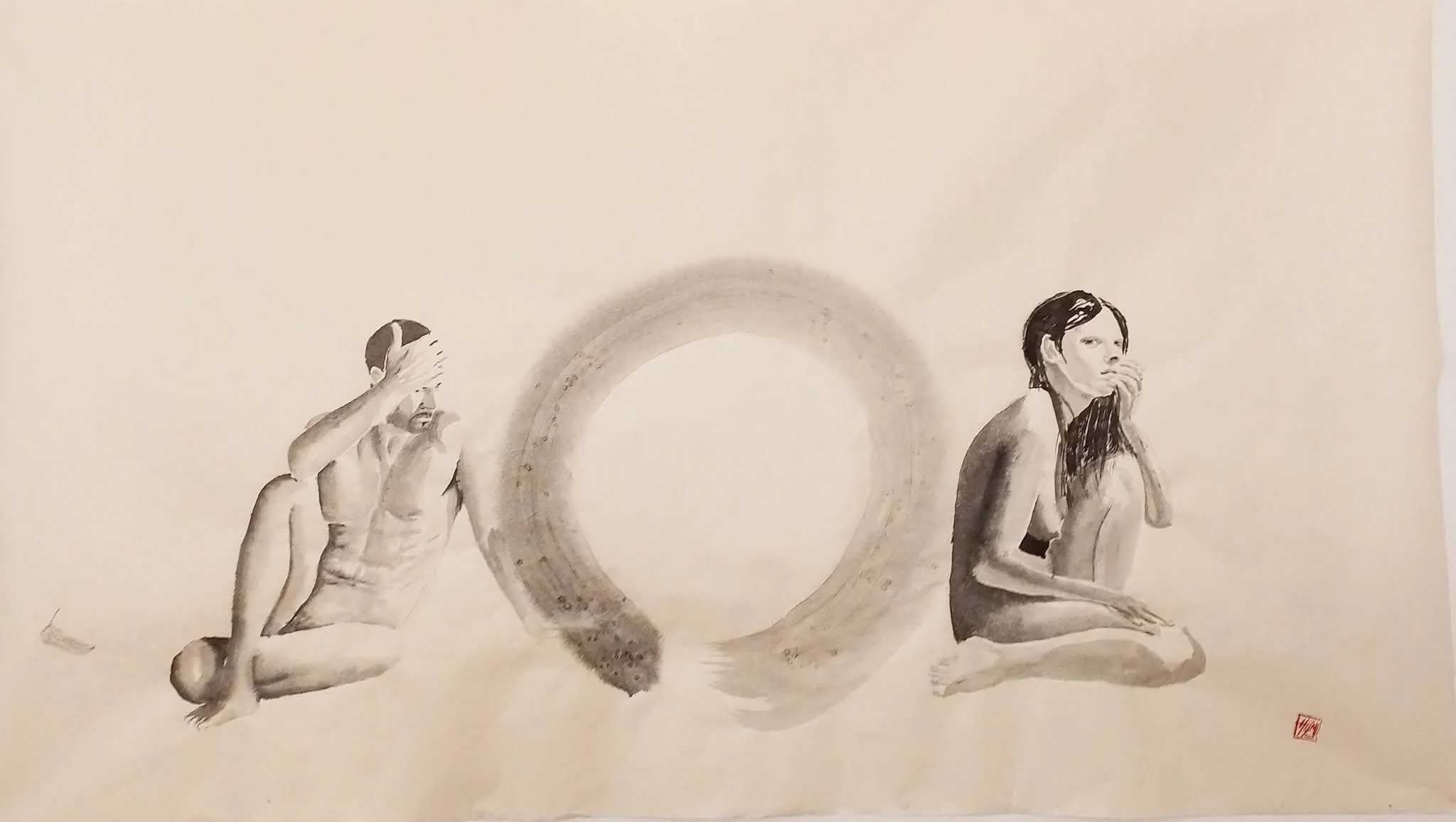 Hilmi Şimşek, İç Zaman İklimi – Inner Time / It Almost Became Love, But Did Not, Seven Climates Ensō series, stone ink sumi-e painting with two seated human figures separated by a pale ensō form on Okawara kozo paper, 2026.