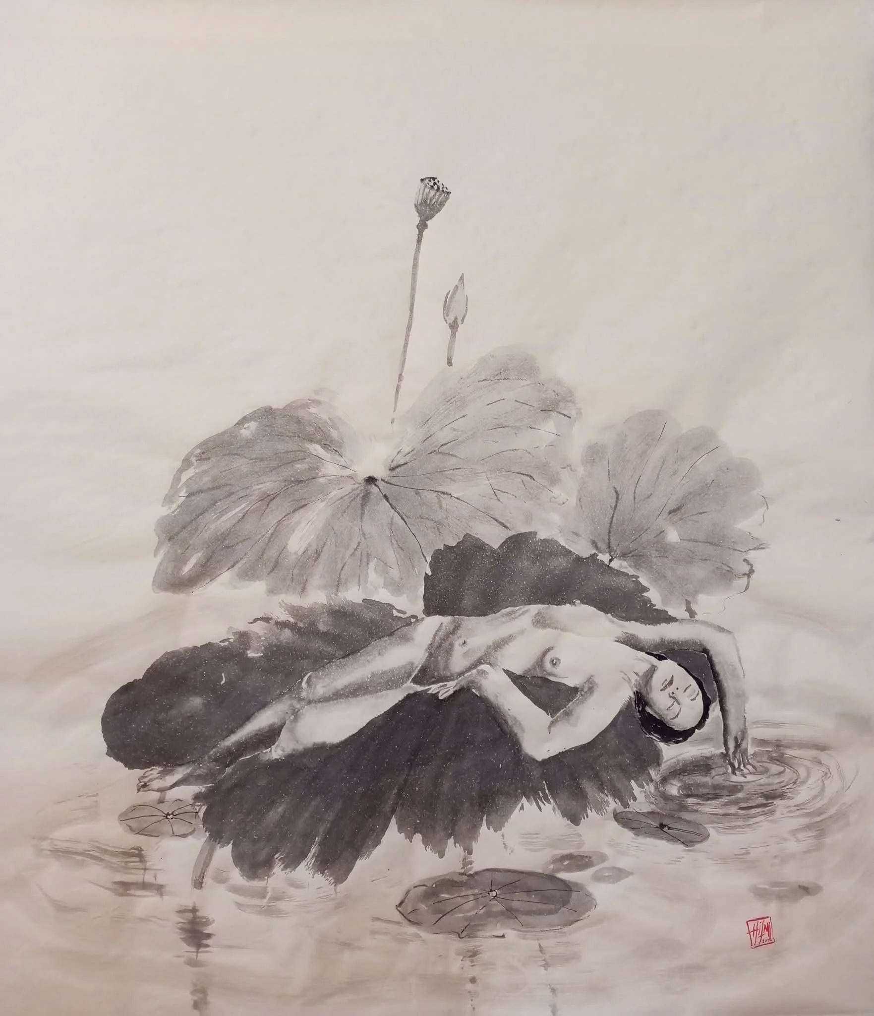 Hilmi Şimşek, A Lotus Thirsting Within Water / Suyun İçinde Susuz Kalan Bir Nilüfer, Lotus Series, sumi-e and stone ink painting with a reclining human figure among lotus leaves and water on Okawara kozo paper, 2026.