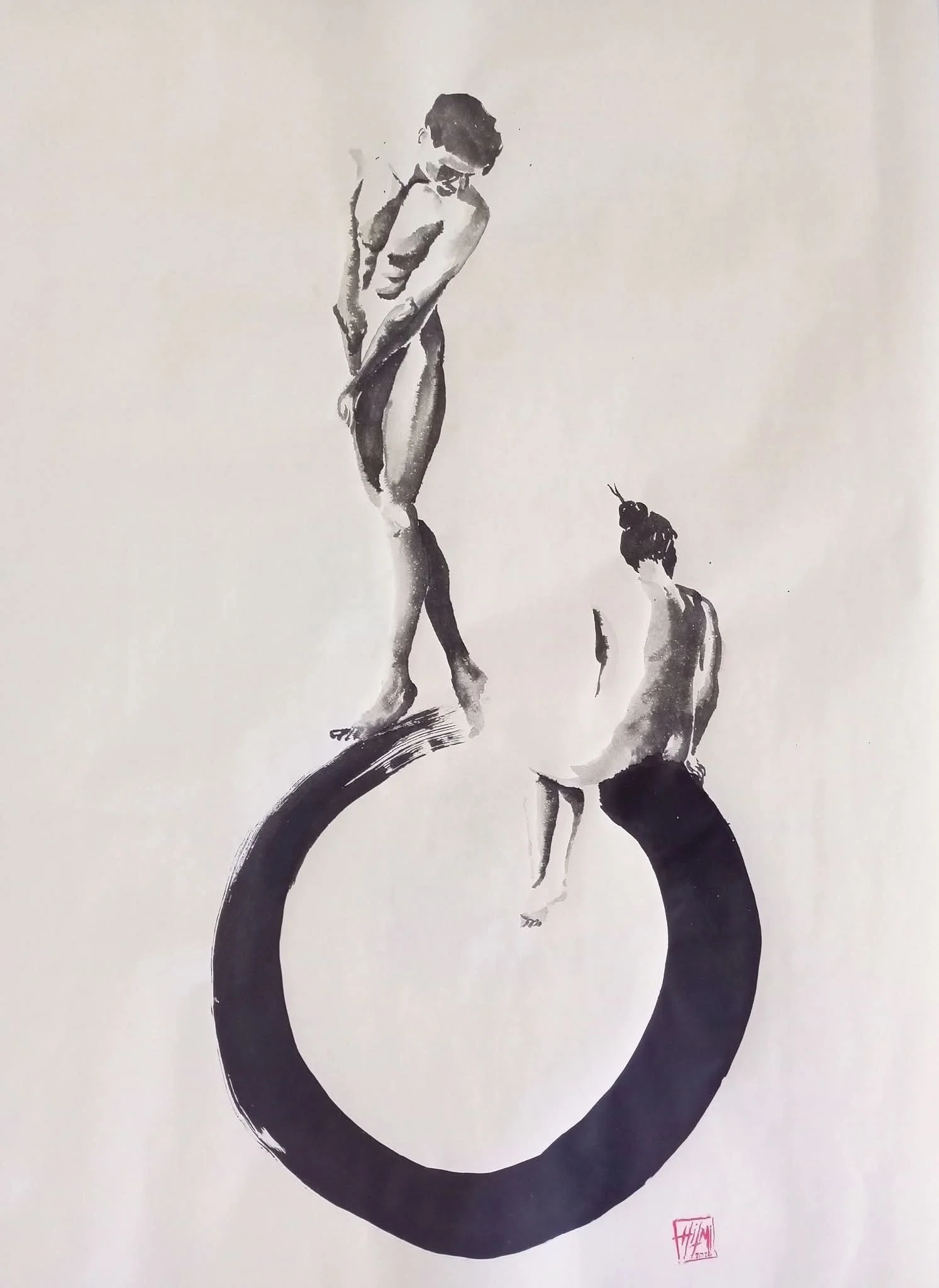 Hilmi Şimşek, Dönüş İklimi – Threshold / Transition, Seven Climates Ensō series, sumi-e with two human figures and a black ensō form on Okawara kozo paper, 2026.