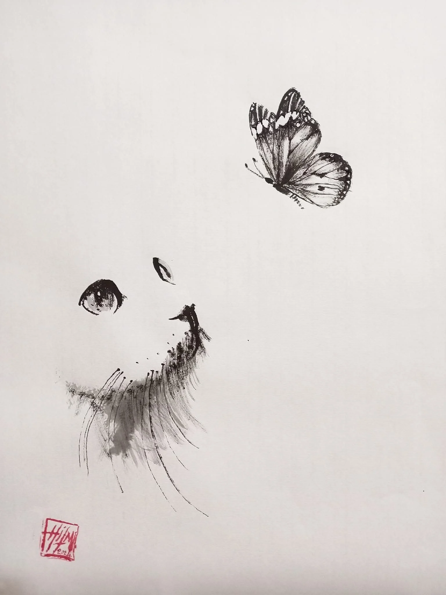 Cat and Butterfly
Sumi-e and watercolor on paper, 2021
40 × 52 cm
From the Cemil İpekçi collaboration project