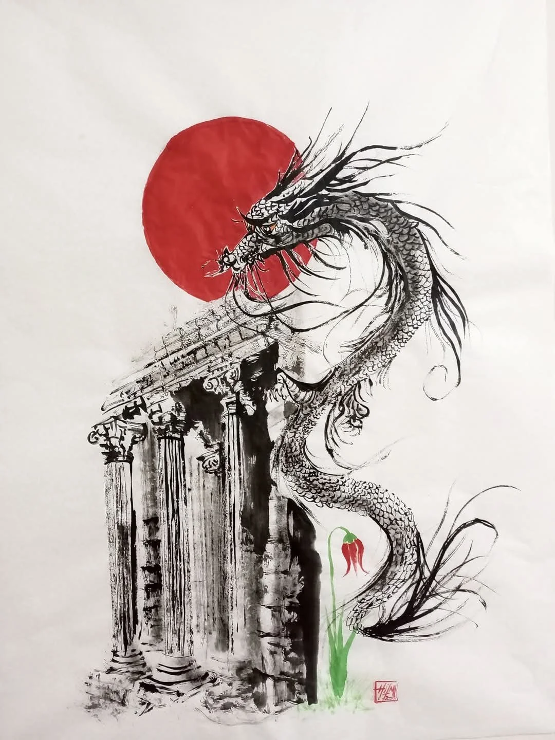 Hilmi Şimşek, Sentinel of Memory, sumi-e painting combining a dragon, ancient ruins, red sun and tulip form as symbols of cultural memory, 2025.