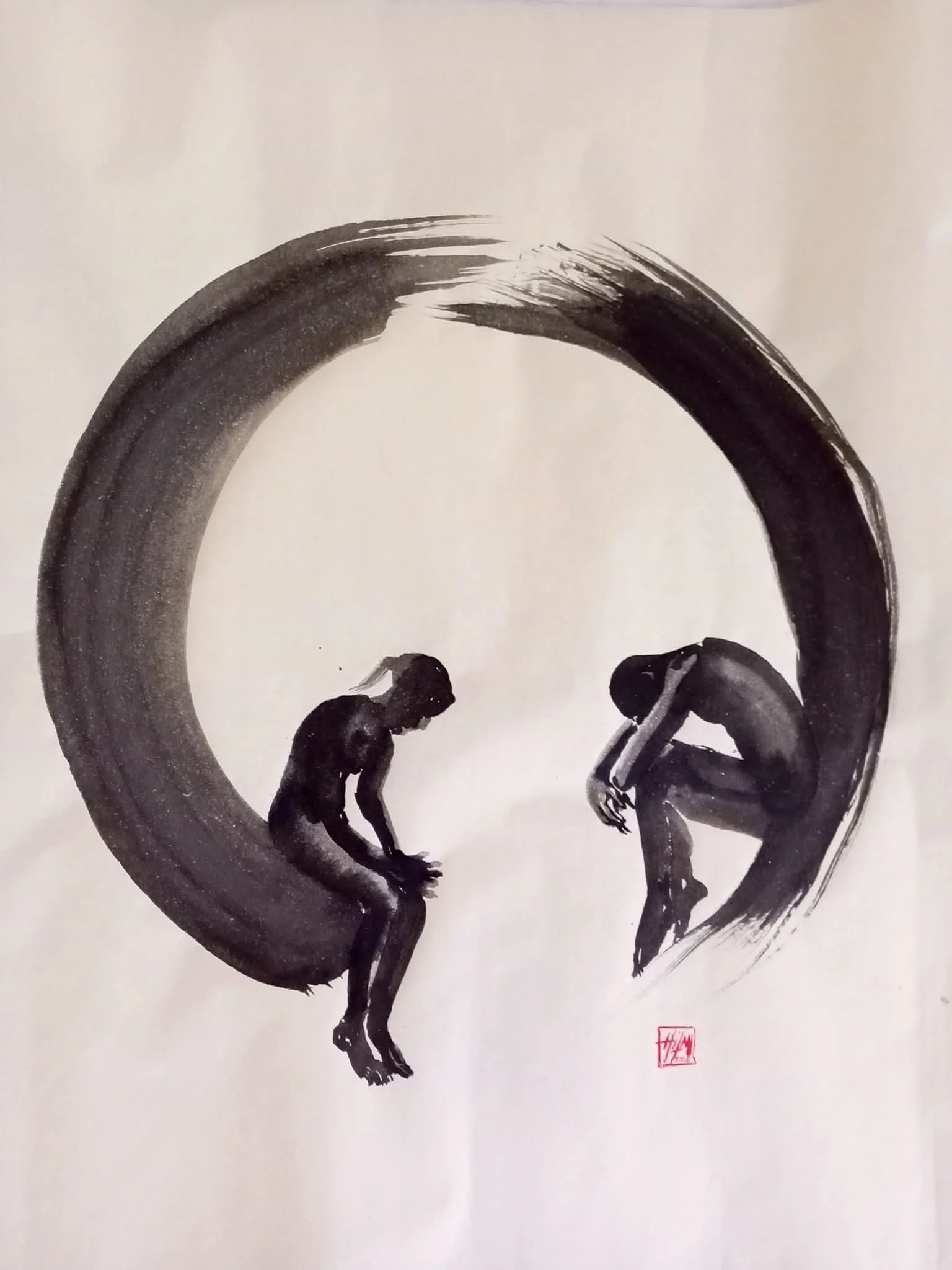 Hilmi Şimşek, Hicran İklimi – Autumn / Release, Seven Climates Ensō series, stone ink sumi-e painting with two seated human figures inside a large black ensō circle on Okawara kozo paper, 2026.