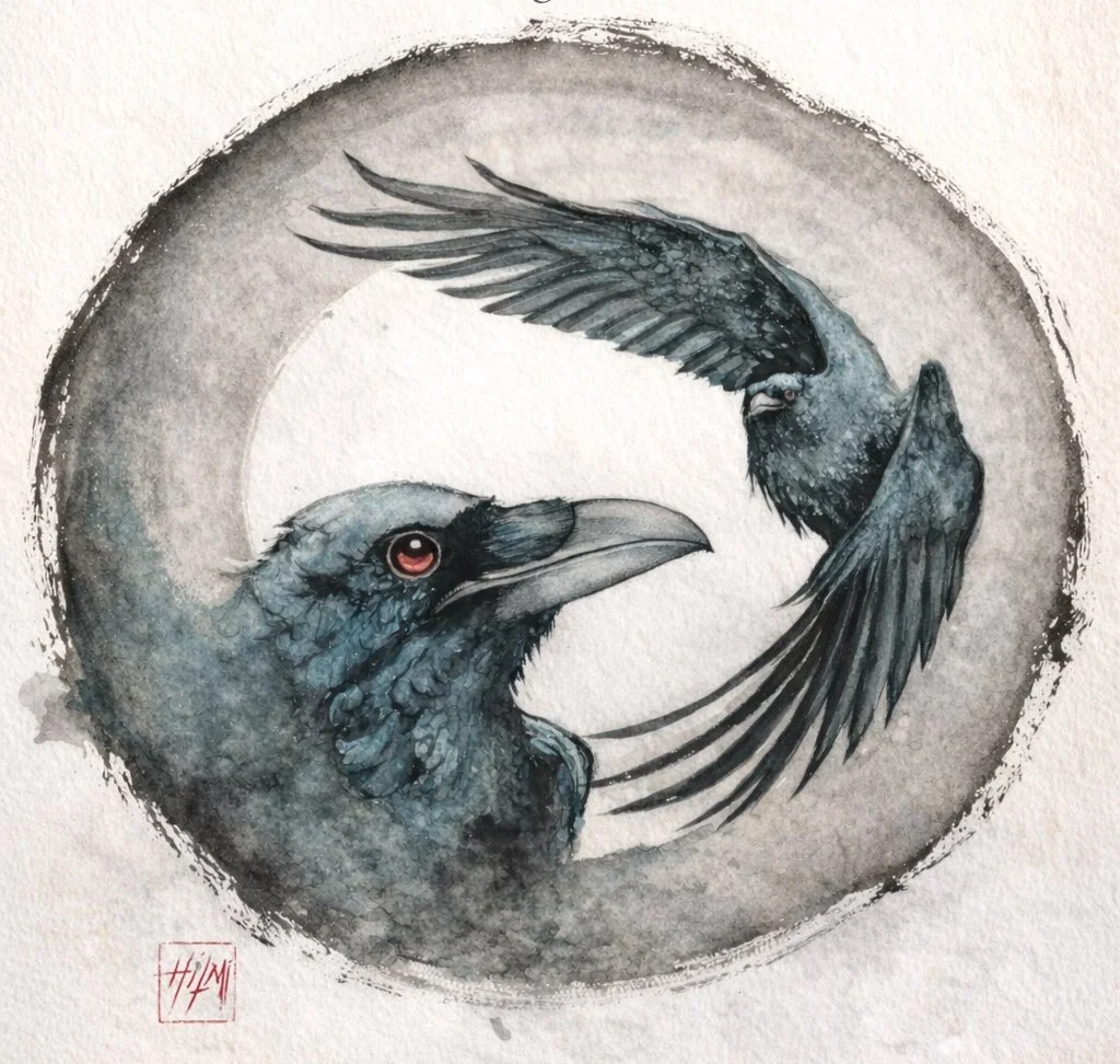 Hilmi Şimşek, Crow Ensō, contemporary sumi-e and minimal ink painting with two crow forms within an ensō circle on paper.