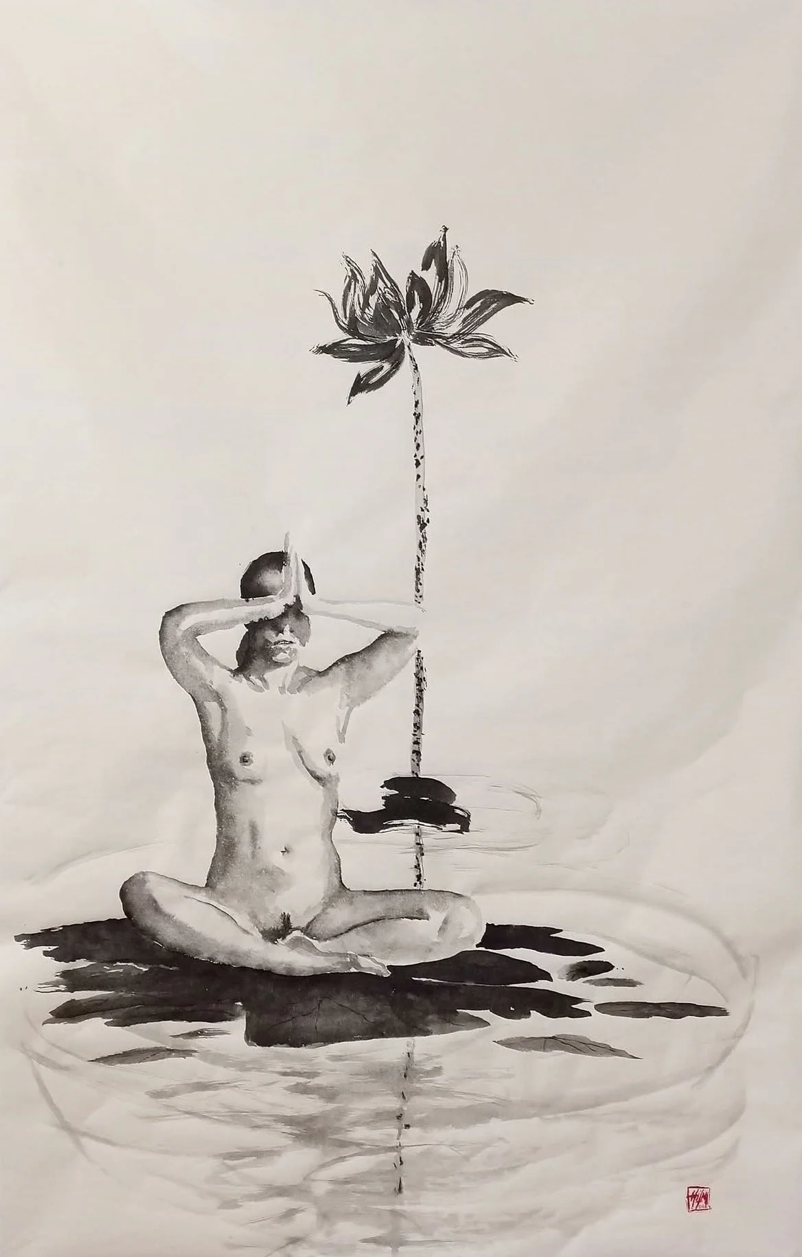 Hilmi Şimşek, Lotus Turning Toward the Sun / Nilüfer Güneşi Selamlıyor, Lotus Series, sumi-e and stone ink painting with a seated human figure, lotus flower and water forms on Okawara kozo paper, 2026.