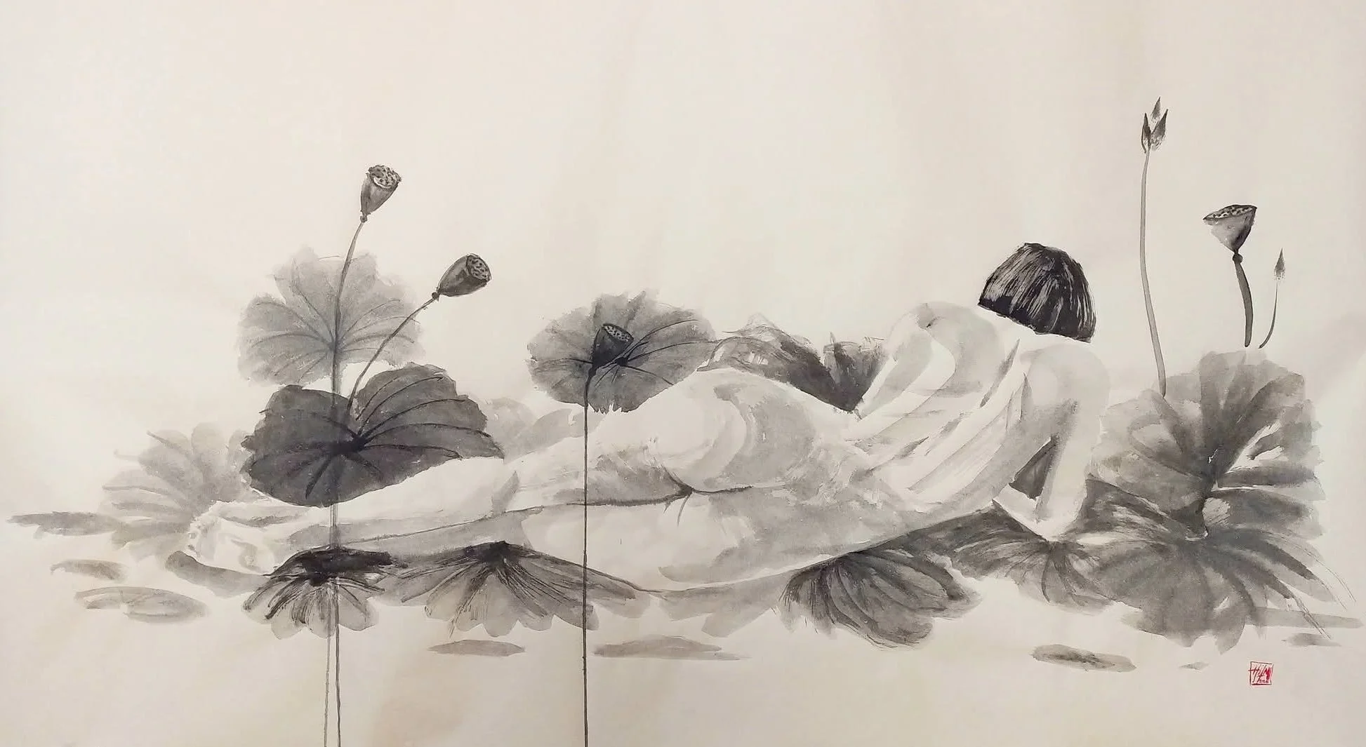 Hilmi Şimşek, Lotus Basking in the Sun / Nilüfer Güneşleniyor, Lotus Series, sumi-e and stone ink painting with a reclining human figure among lotus leaves on Okawara kozo paper, 2026.