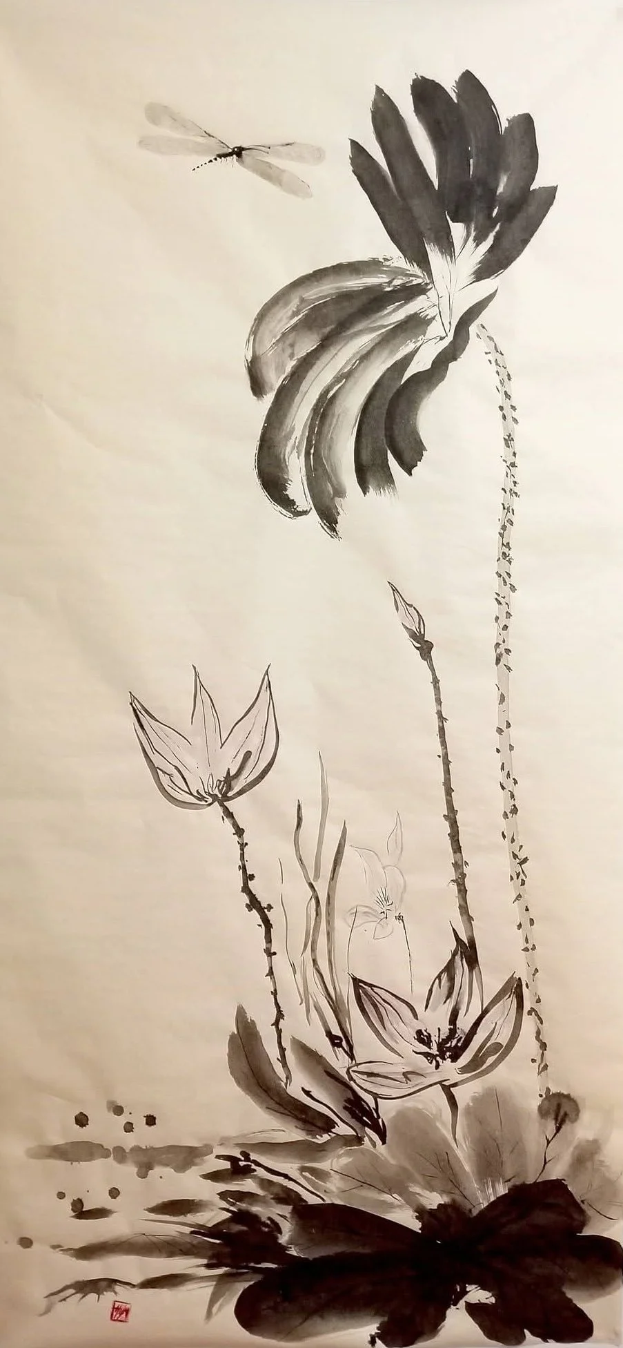 Hilmi Şimşek, A Breath Upon the Water / Suyun Üzerinde Bir Nefes, Lotus Series, sumi-e and stone ink painting with tall lotus stems and flowers rising through water on Okawara kozo paper, 2026.