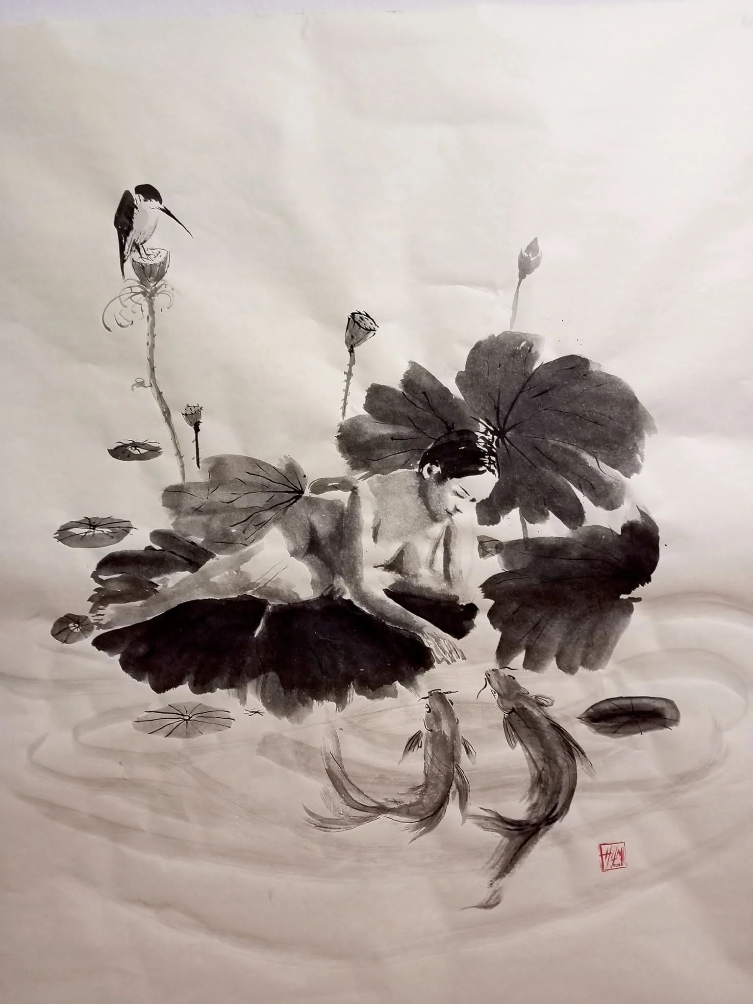 Hilmi Şimşek, Lotus and Kingfisher / Nilüfer ve Yalıçapkını, Lotus Series, sumi-e and stone ink painting with a reclining human figure, lotus leaves, kingfisher and fish on Okawara kozo paper, 2026.