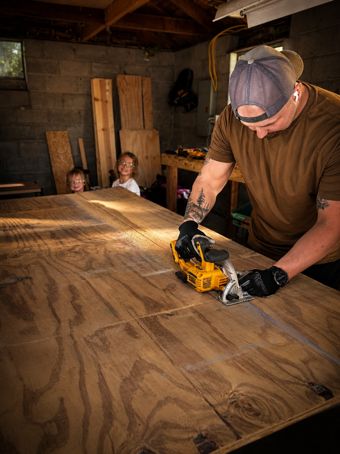 A man using a power saw to cut a large wooden table in a workshop, with two young girls smiling and watching in the background.