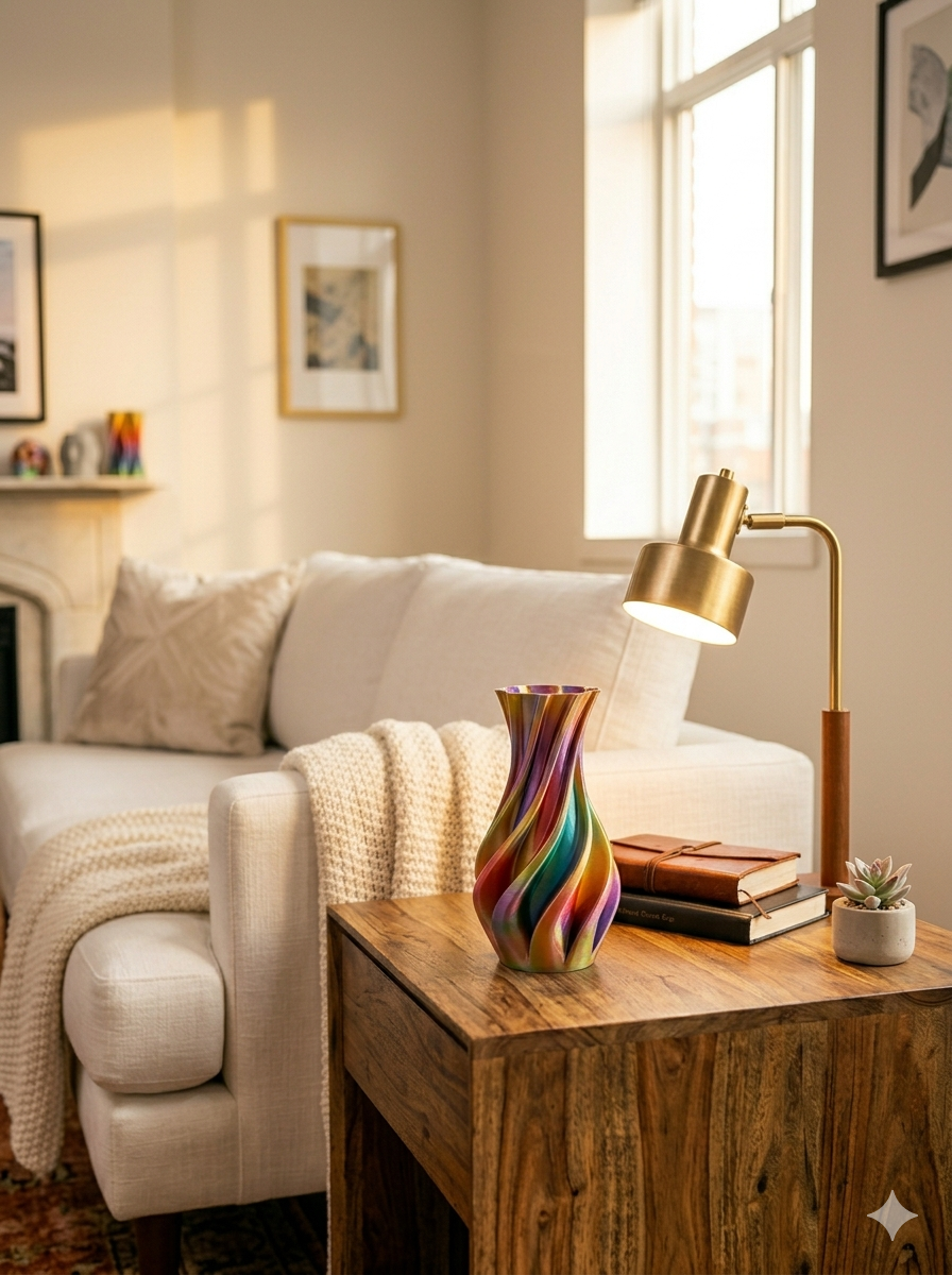A cozy living room with a white couch, beige throw pillows, and a cream knitted blanket. A wooden side table holds a colorful swirl-patterned vase, a small potted succulent, and some closed books. A brass desk lamp provides warm lighting, and sunlight streams through a large window, illuminating the room. Framed artwork decorates the wall.