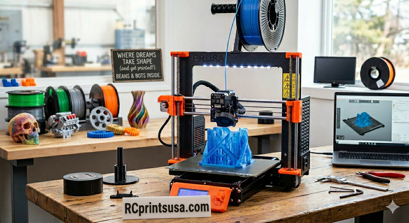 3D printer on a wooden table printing a blue object, with spools of filament and 3D printed models around, and a laptop displaying the 3D model.