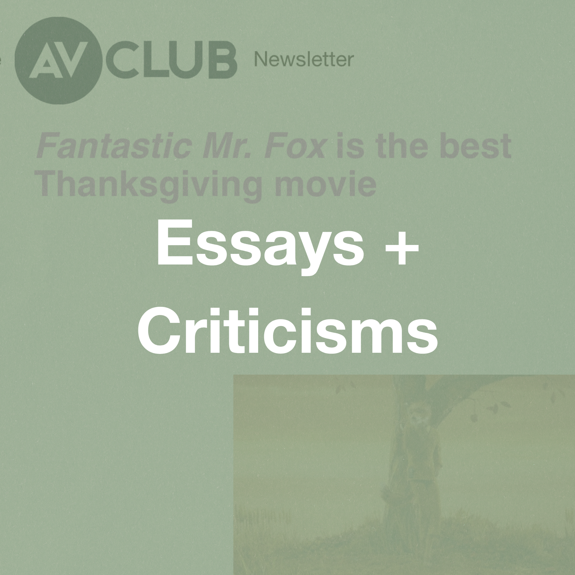 Series of magazine or newsletter covers with titles related to essays and criticisms, featuring a green background and mostly obscured text.