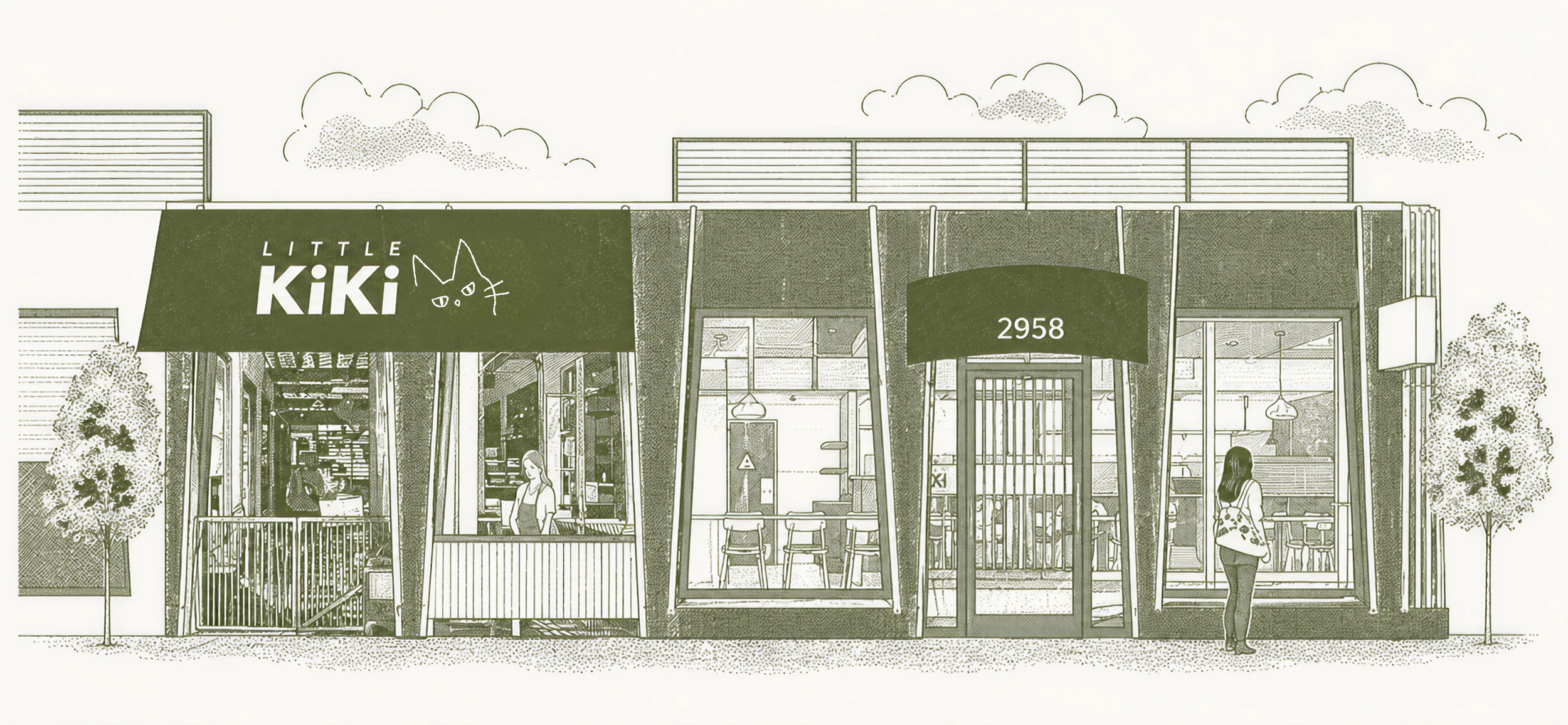 Line drawing of a cafe named Little Kiki with outdoor trees and two women outside, one inside looking at the menu.