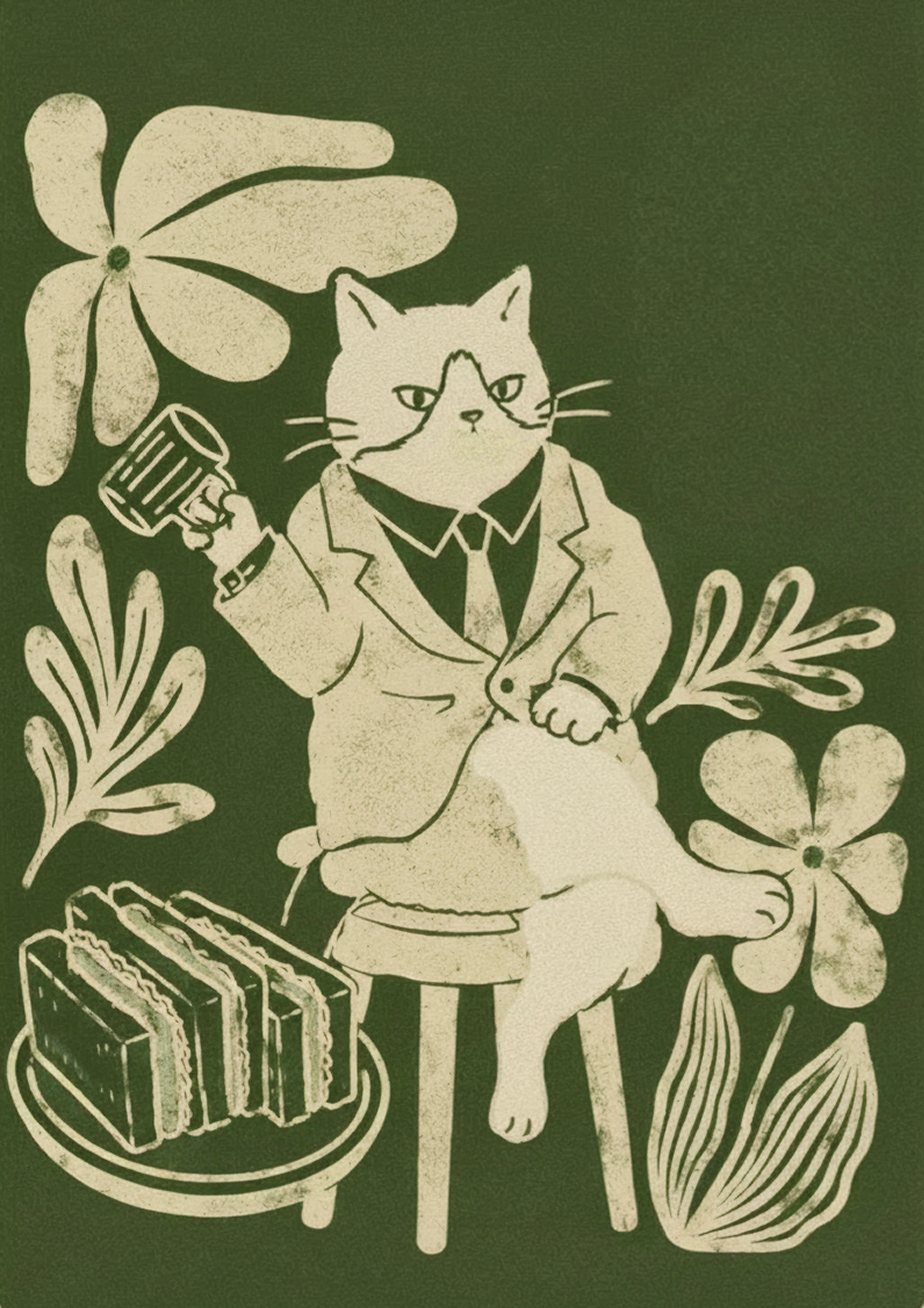Little KiKi cat mascot postcard. the cat is sitting and holding a glass