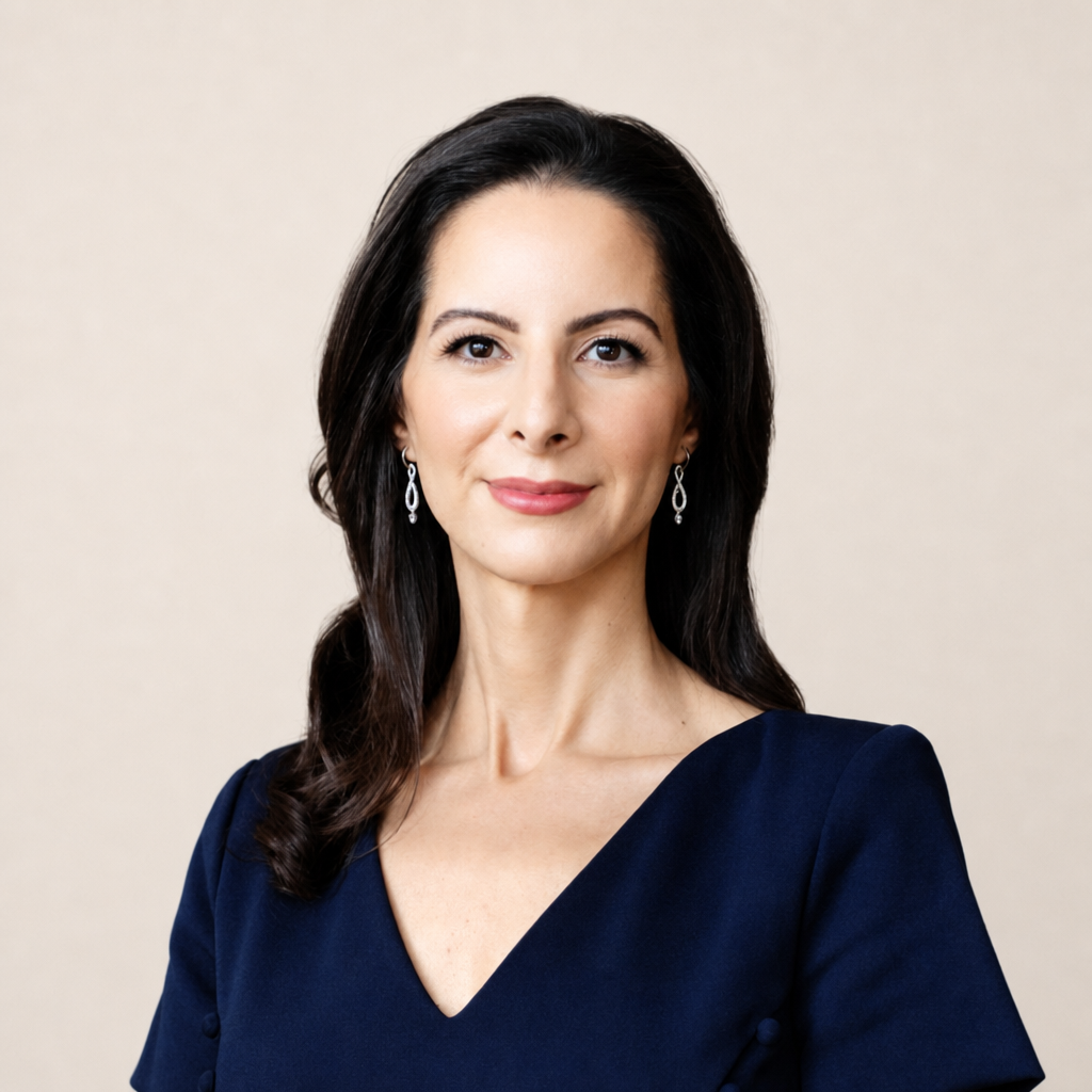 A professional woman with dark hair wearing a navy blue dress and silver earrings, standing against a plain beige background.
