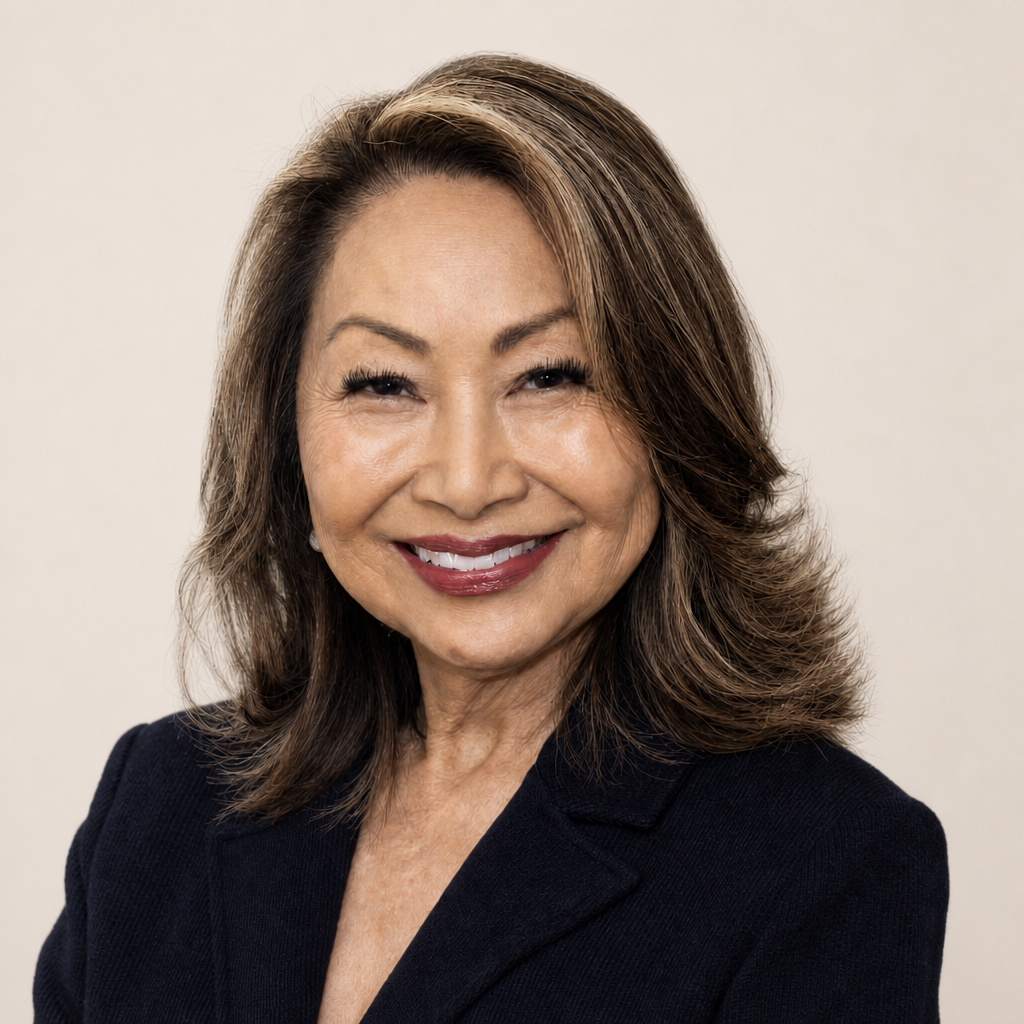 A middle-aged Asian woman with shoulder-length brown hair, smiling, wearing a dark blazer, against a plain light-colored background.