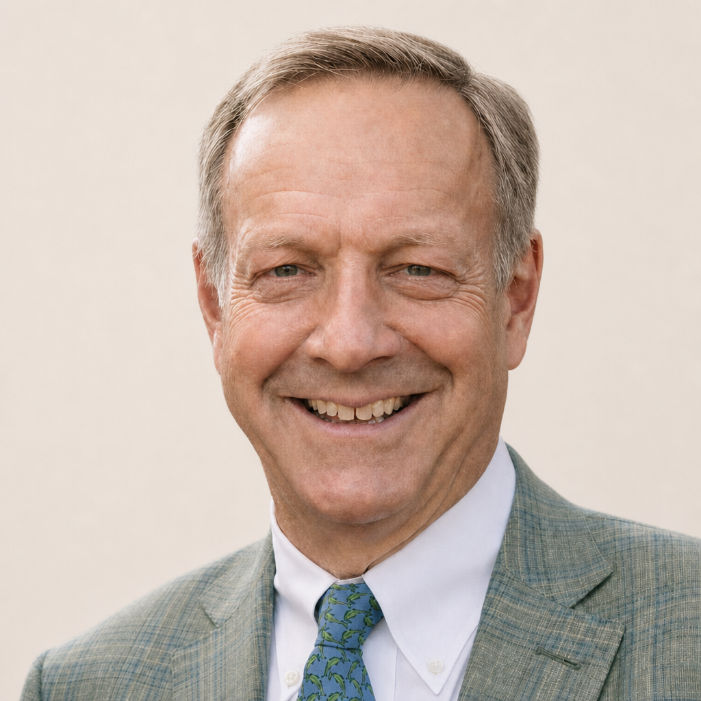 A middle-aged man in a light plaid suit, white shirt, and patterned blue-green tie, smiling at the camera with a neutral background.