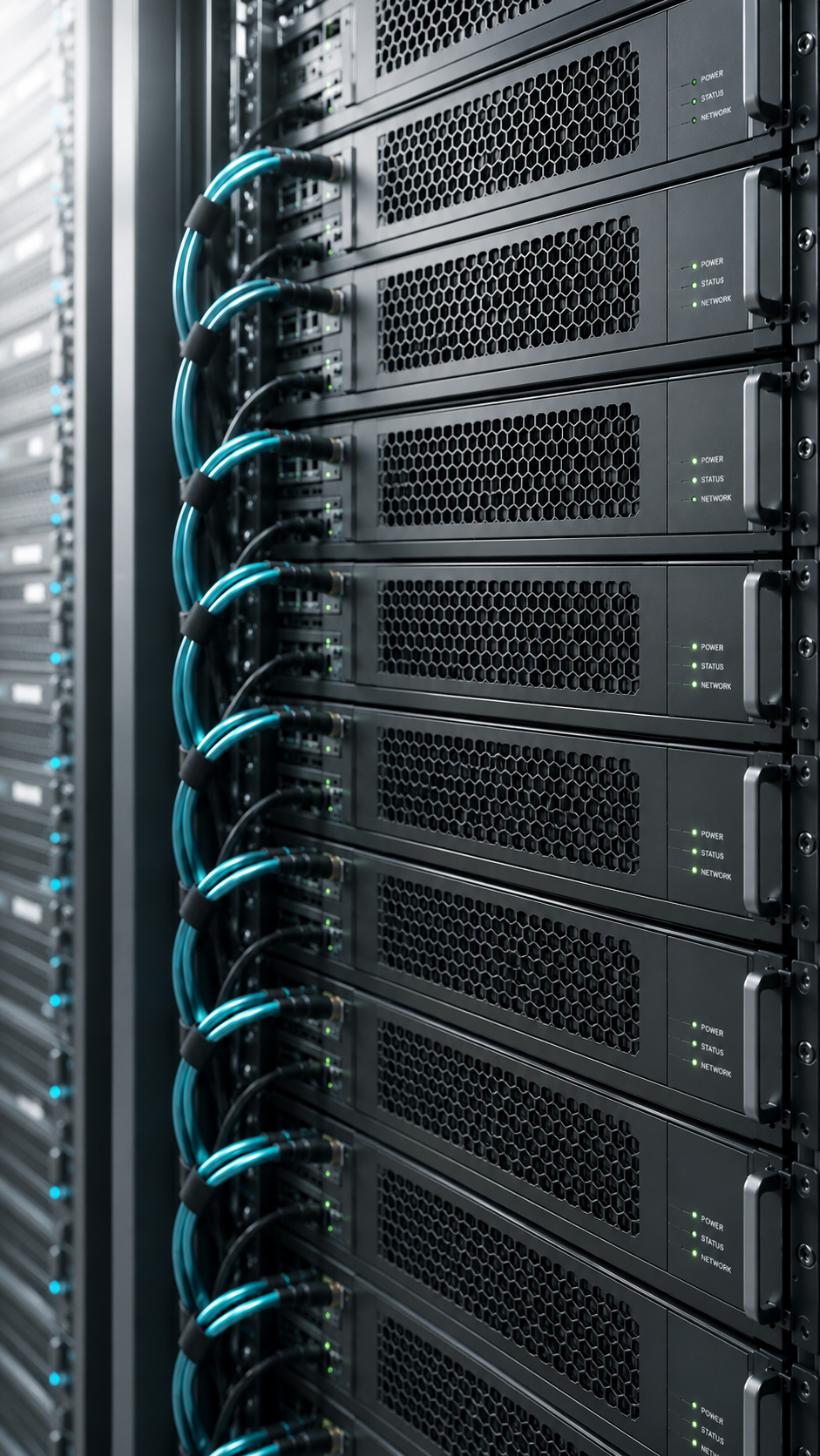 A server racks with AI compute equipment and blue Ethernet cables.