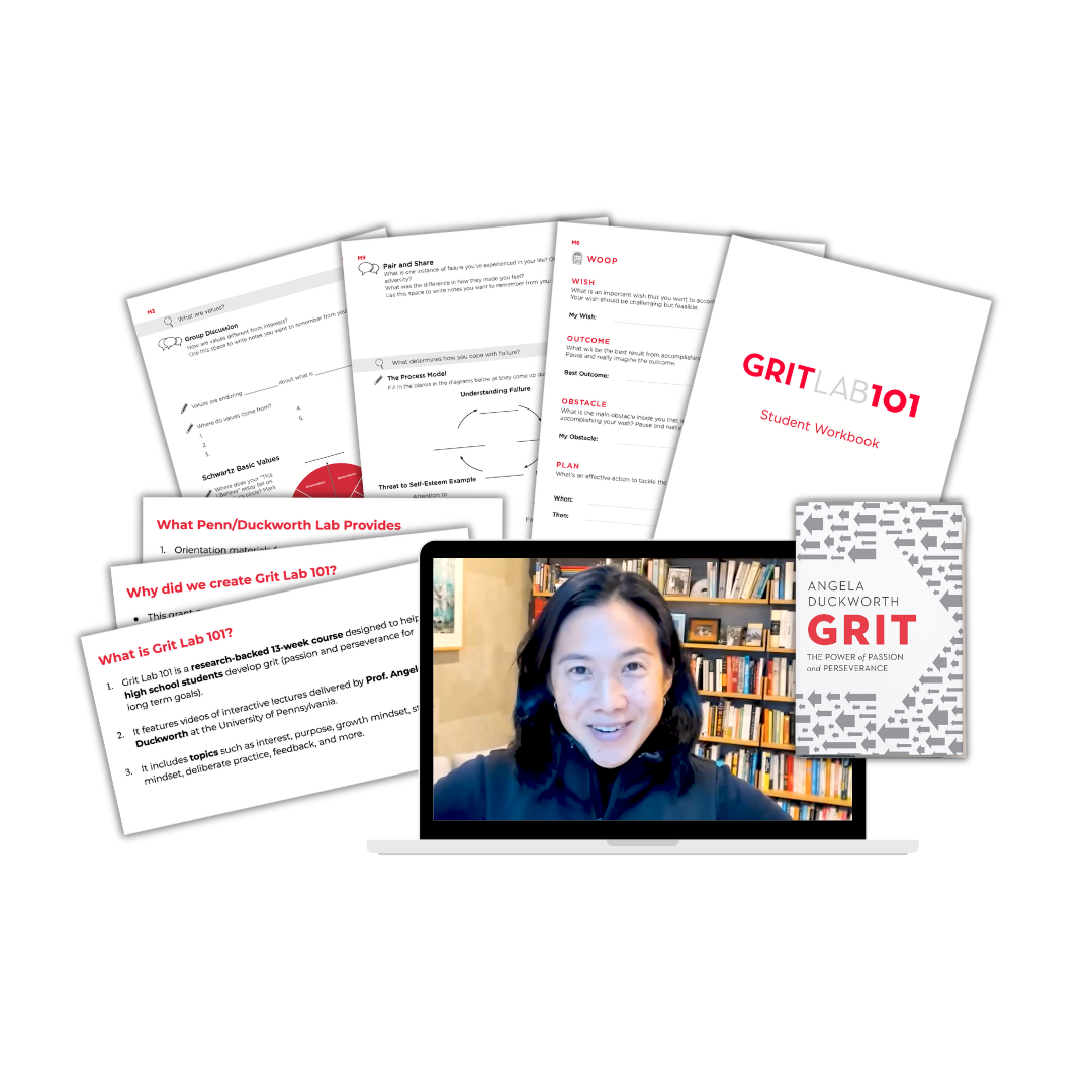 A woman smiling on a video call with computer screen showing Grit Lab 101 workbook pages and a bookshelf in the background.