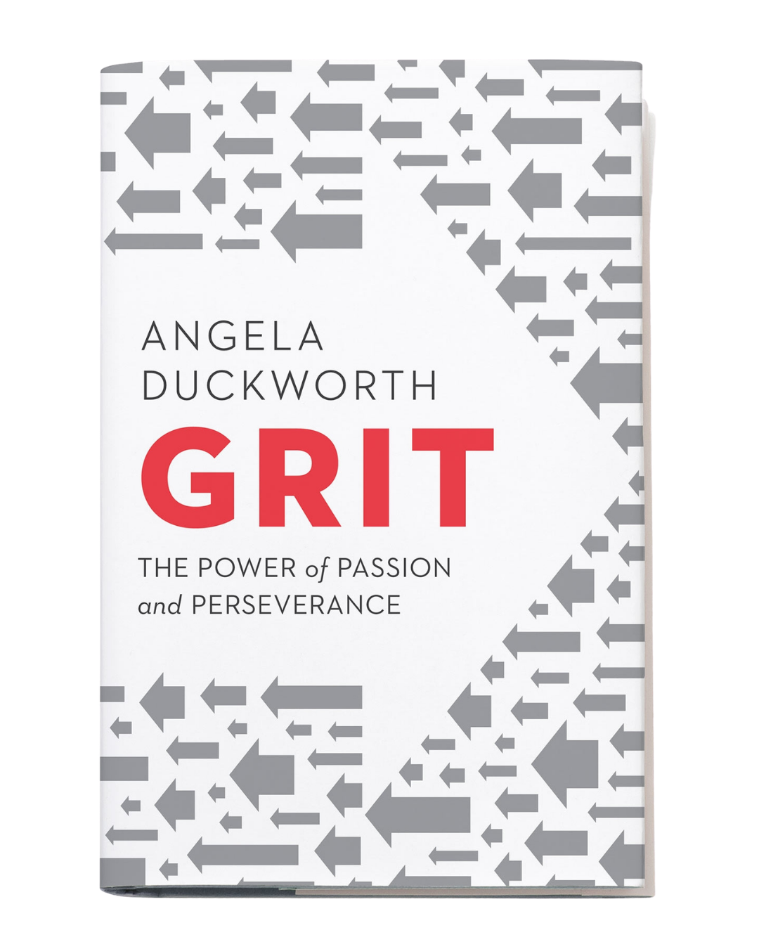 Book cover titled 'Grit' by Angela Duckworth with gray arrow pattern.