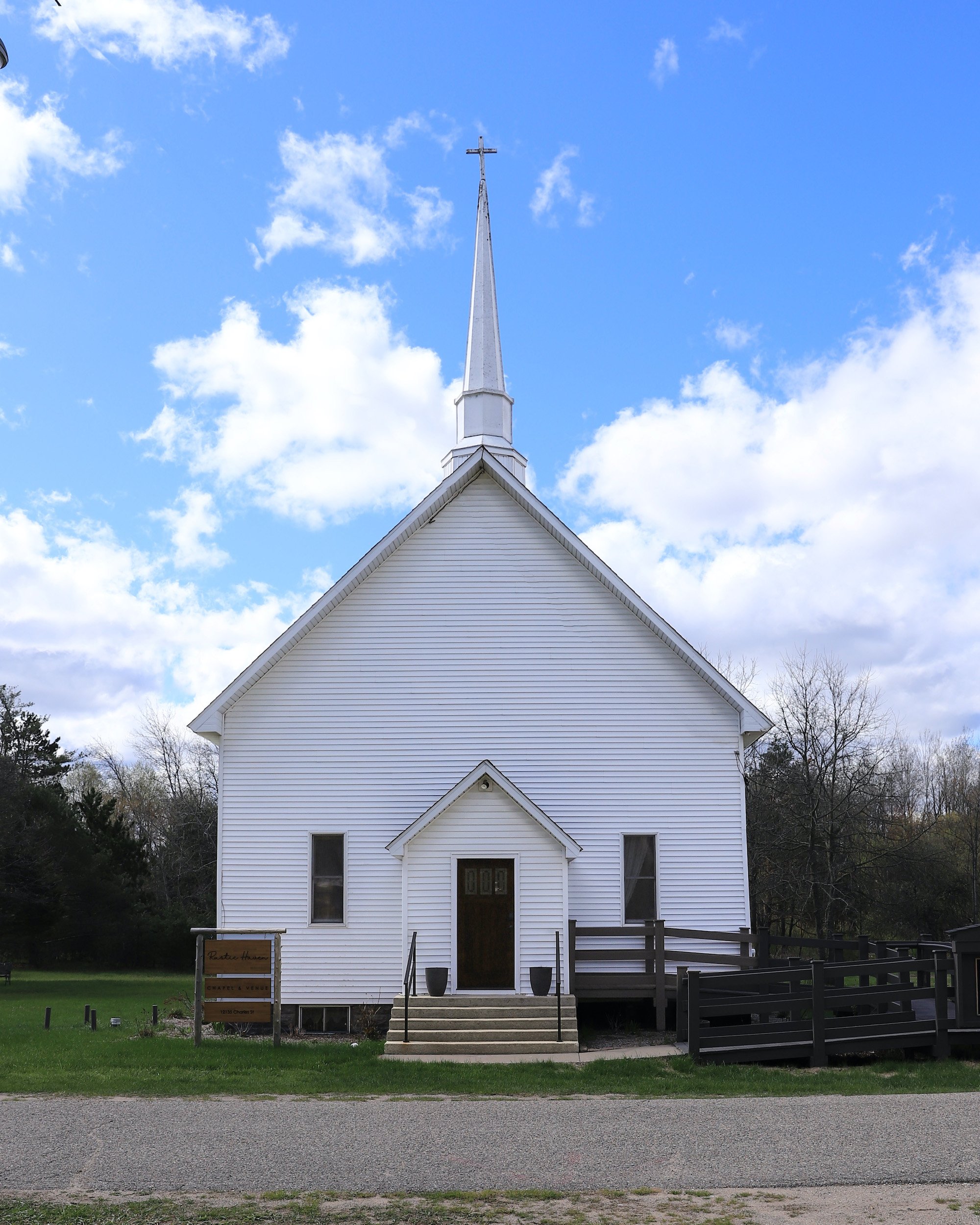 White church steeple in Michigan.