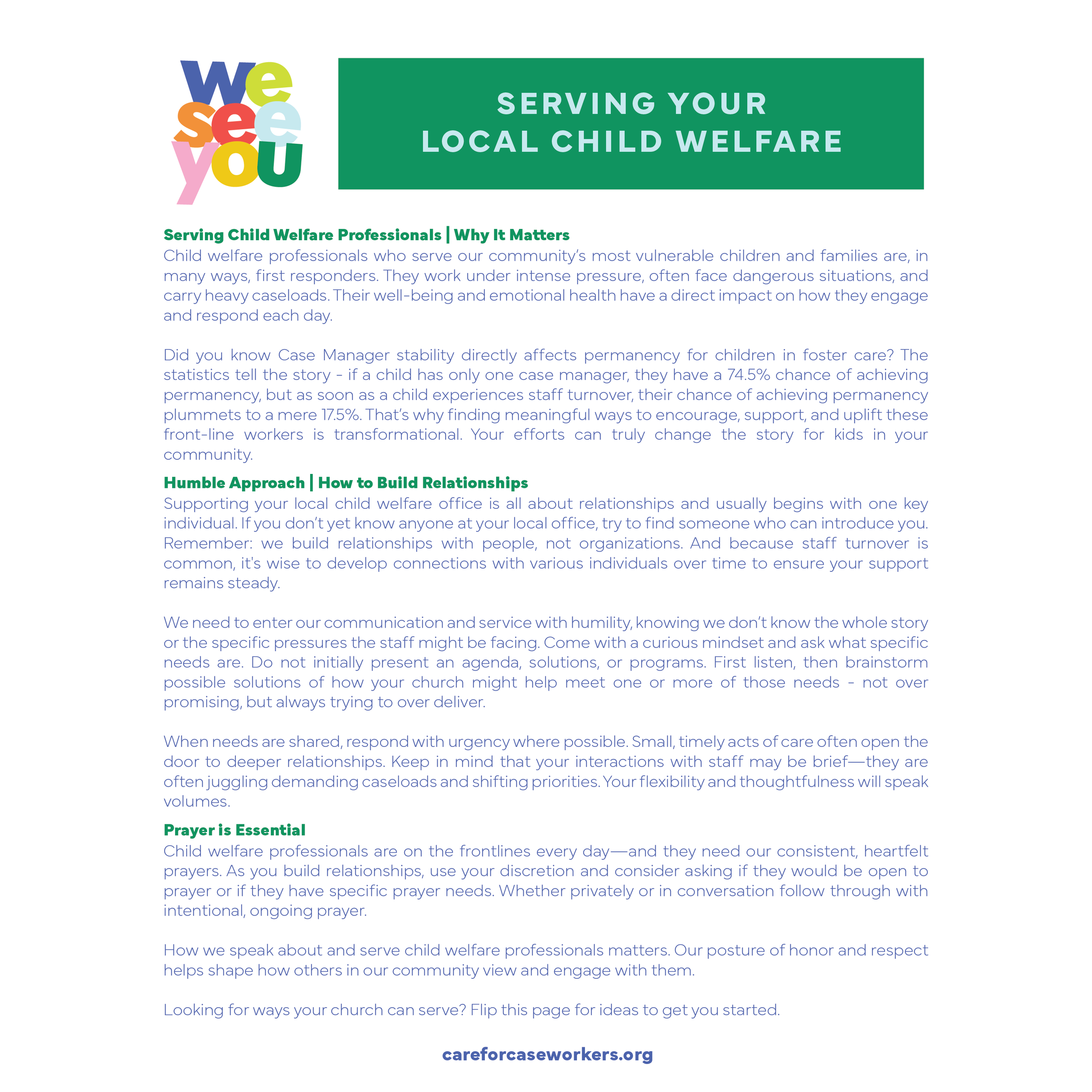 A screenshot of a webpage about child welfare. The top features colorful text reading 'we see you' and a bold green banner with white text saying 'SERVING YOUR LOCAL CHILD WELFARE'. The page contains information for child welfare professionals on how they serve and engage with their community, emphasizing humility, relationship-building, and the importance of prayer and respectful communication.