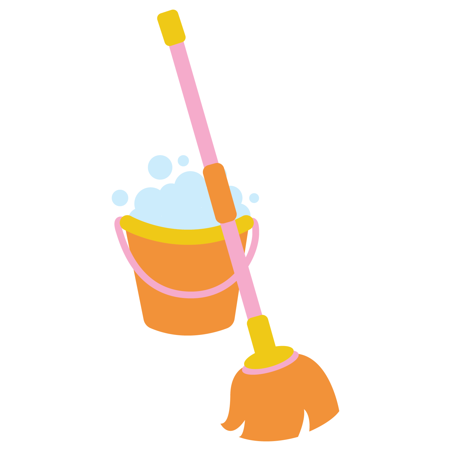 A cartoon illustration of a broom with a pink handle and yellow accents, and a bucket filled with soapy water and bubbles.