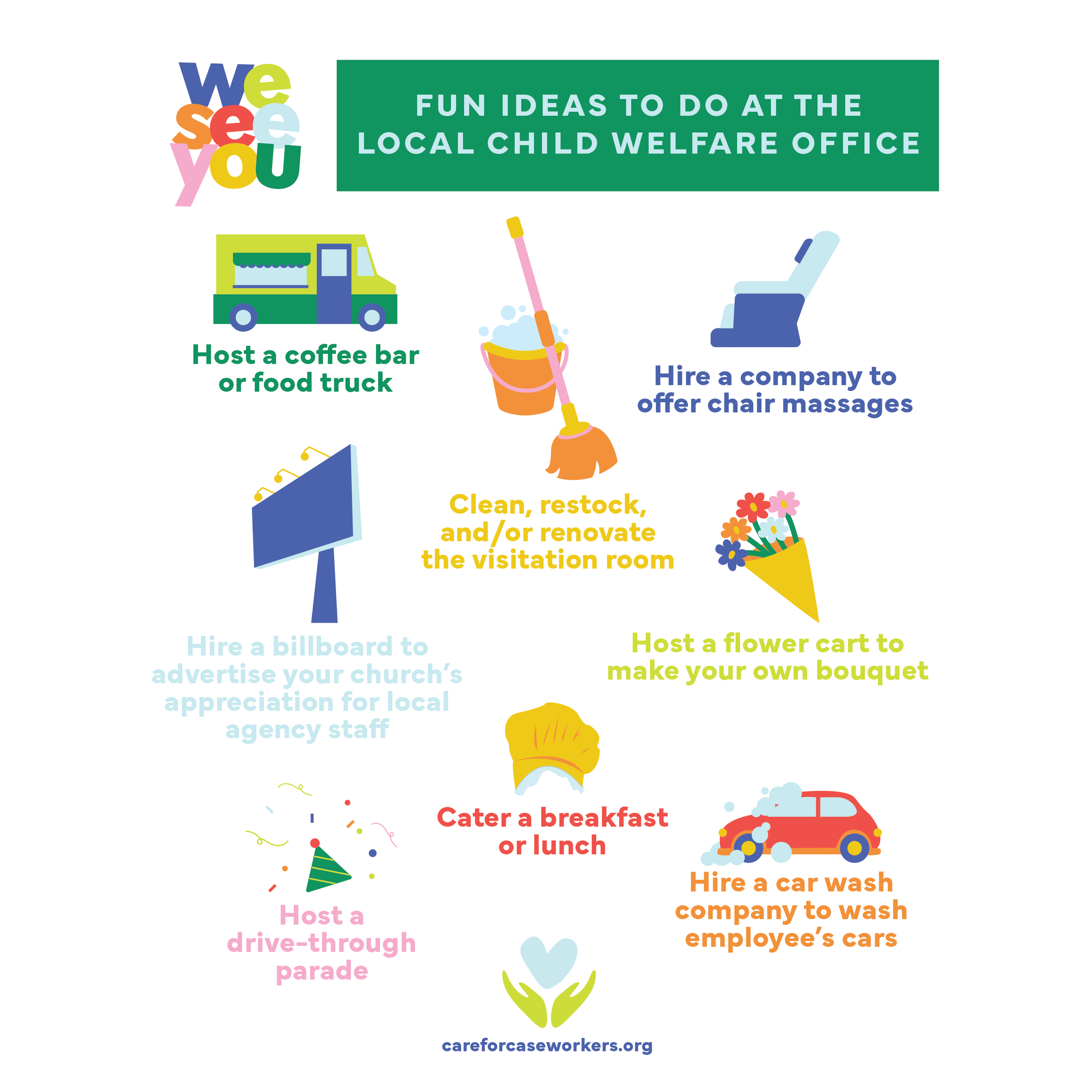 Poster with colorful text and illustrations providing ideas for community engagement, including hosting a coffee or food truck, hiring a company for chair massages, hosting a drive-thru parade, hosting a flower cart, and hiring a car wash company. The poster also features a website link, careforcaseworkers.org.