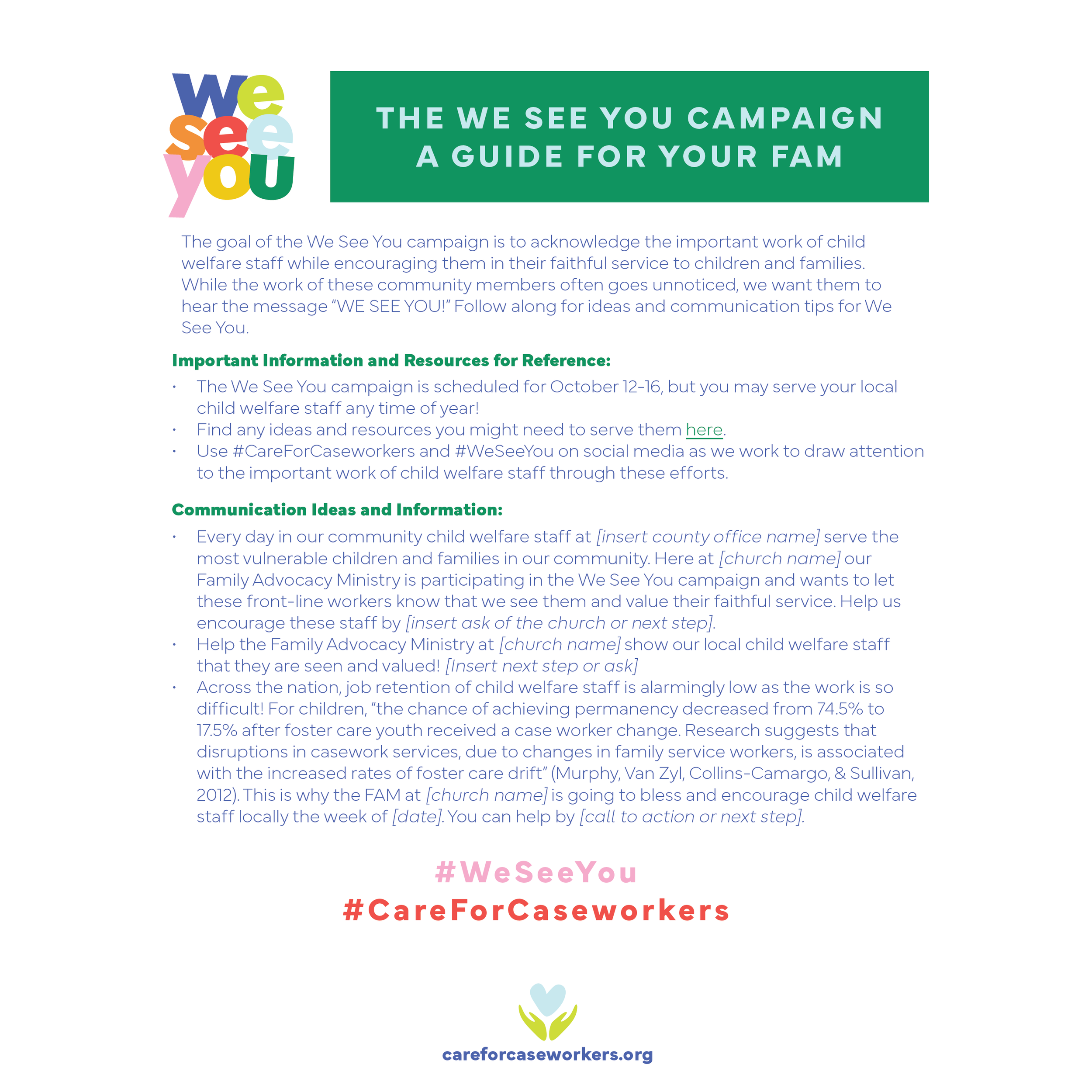 Poster for "We See You" campaign with colorful text, green header, and supporting text about child welfare staff recognition, hashtags #WeSeeYou and #CareForCaseworkers, and a website link careforcaseworkers.org.